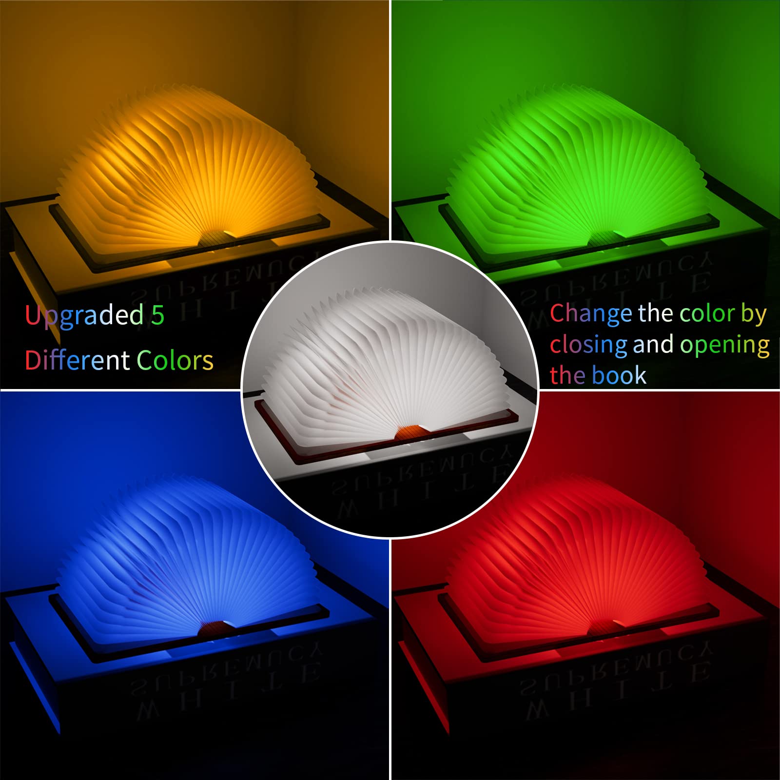 Vergissm Wooden Book Light, Upgraded 5 Colors Novelty Lighting 360? Folding Book Lamp Led Paper Lantern For Desk, Room, Library