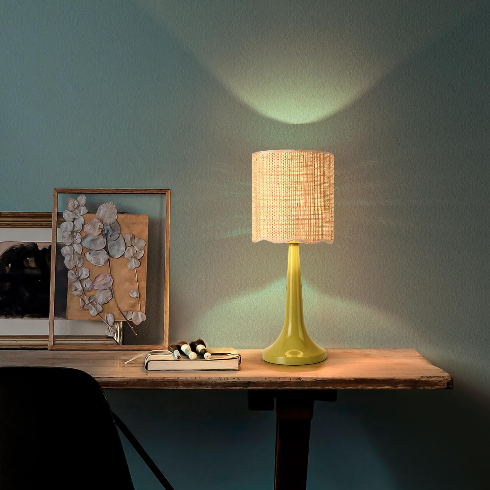 Green Rattan Small Table Lamp For Bedroom, Green Bedroom Lamps For Bedside Nightstand, Small Rattan Shade Table Shape Lamps For