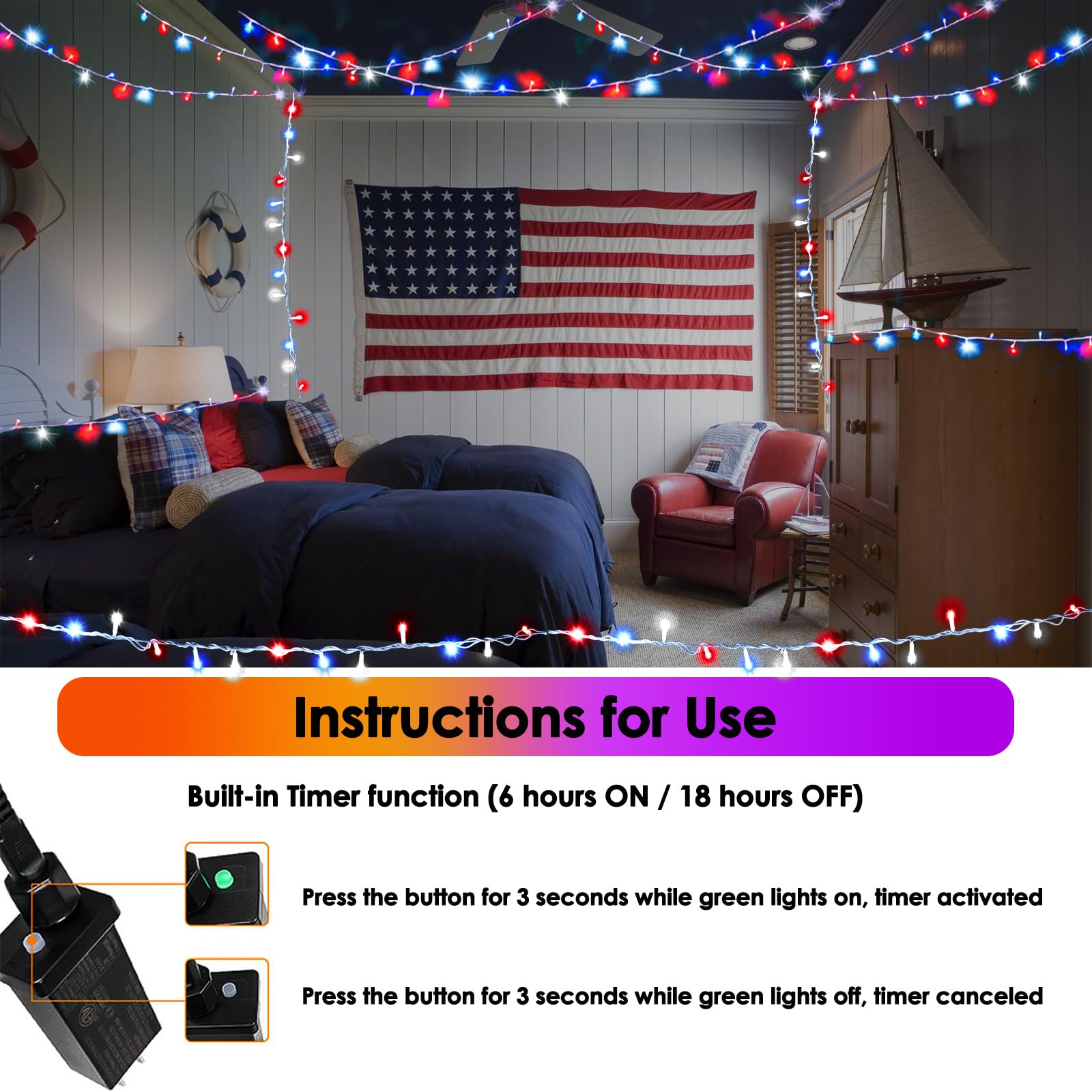 Sanjicha Red Blue White 200 Led 66Ft Christmas String Lights For Outdoor&Indoor, 11 Modes Christmas Tree Clear Wire Fairy Waterp