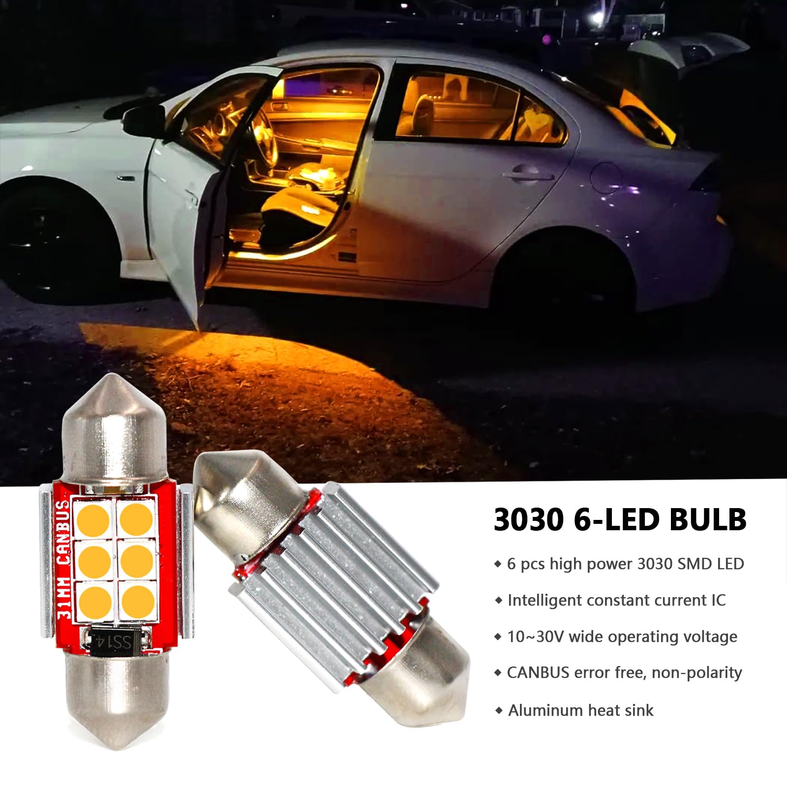 PHINLION Amber Yellow LED Light Bulbs, Festoon 31mm, Super Bright, Pack of 4