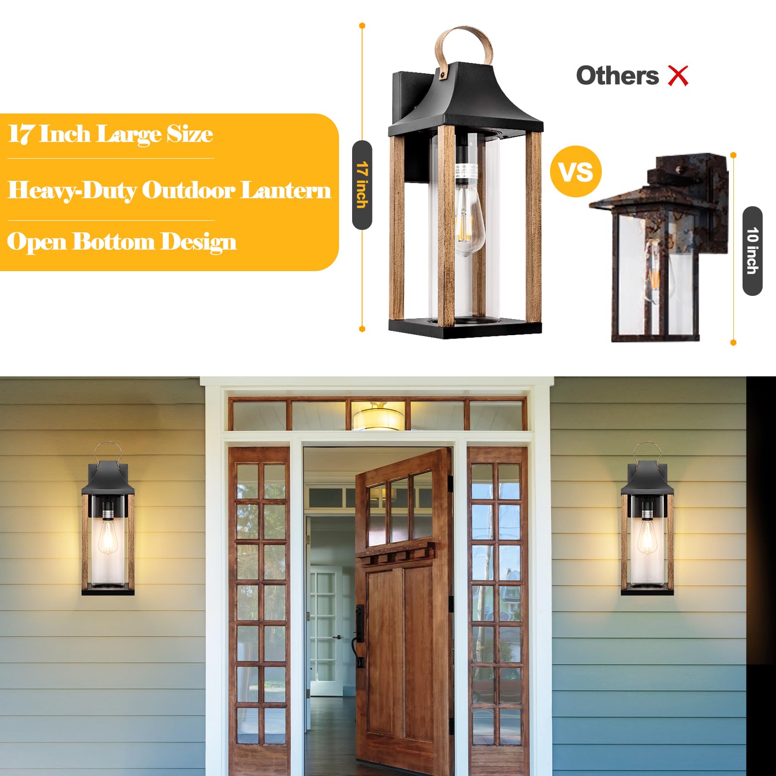 Roravilila Large Outdoor Wall Light, 17&quot; Waterproof Modern Sconce, Rustic Wood, E26 Base