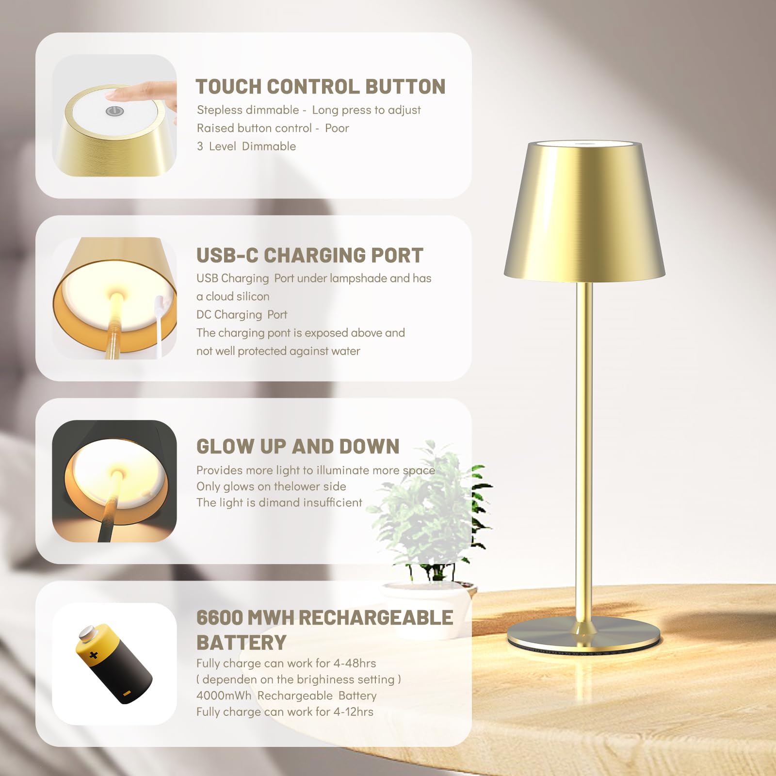 Maksone LED Cordless Table Lamp, Rechargeable 6600mWh, 3000K Dimming, IP54 Waterproof, Gold, Model USH2405-WT2PCSWW