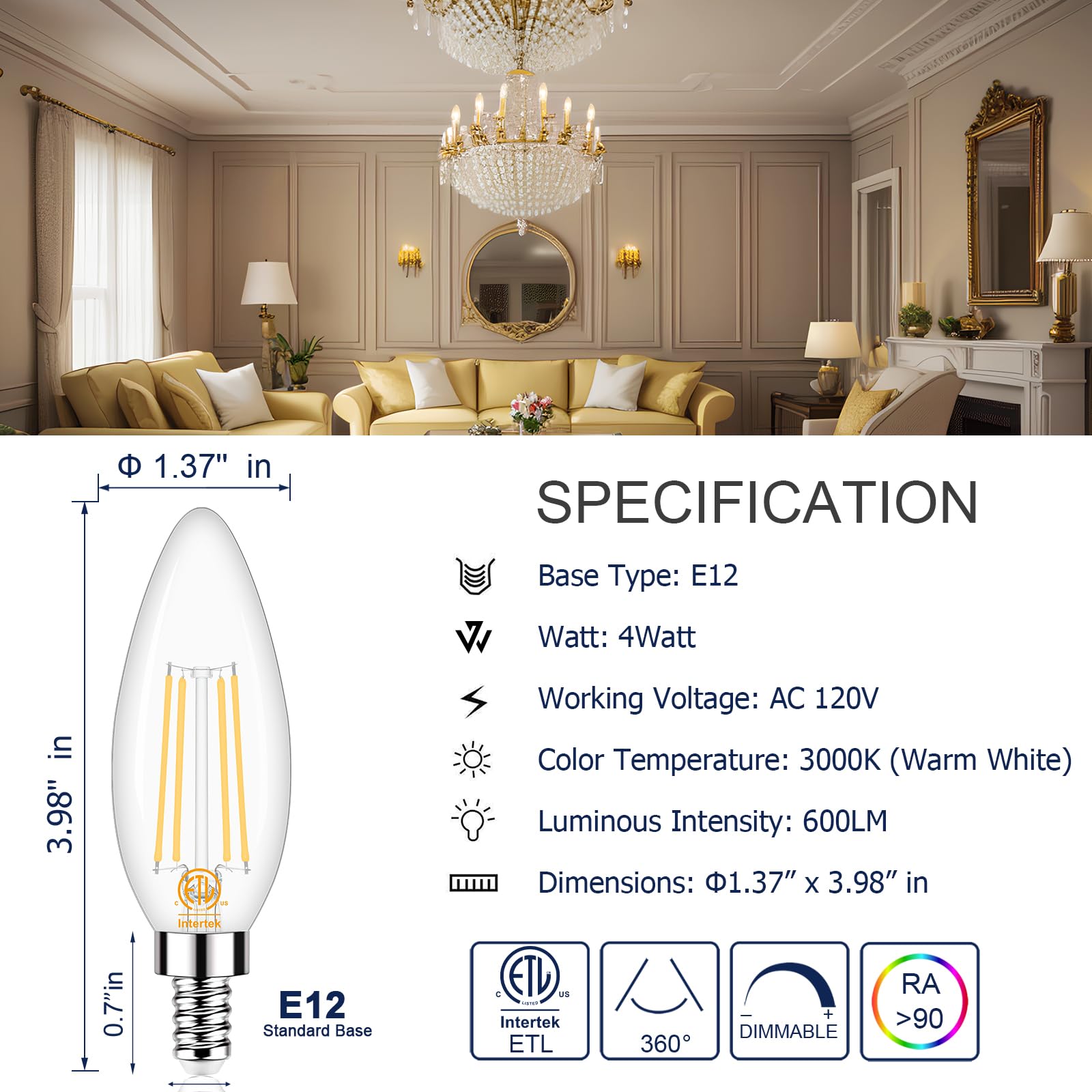 Honesorn E12 Led Bulb Dimmable, 60-Watt Equivalent, Candelabra Led Light Bulbs, 3000K Warm White, Type B Chandelier Light Bulb F
