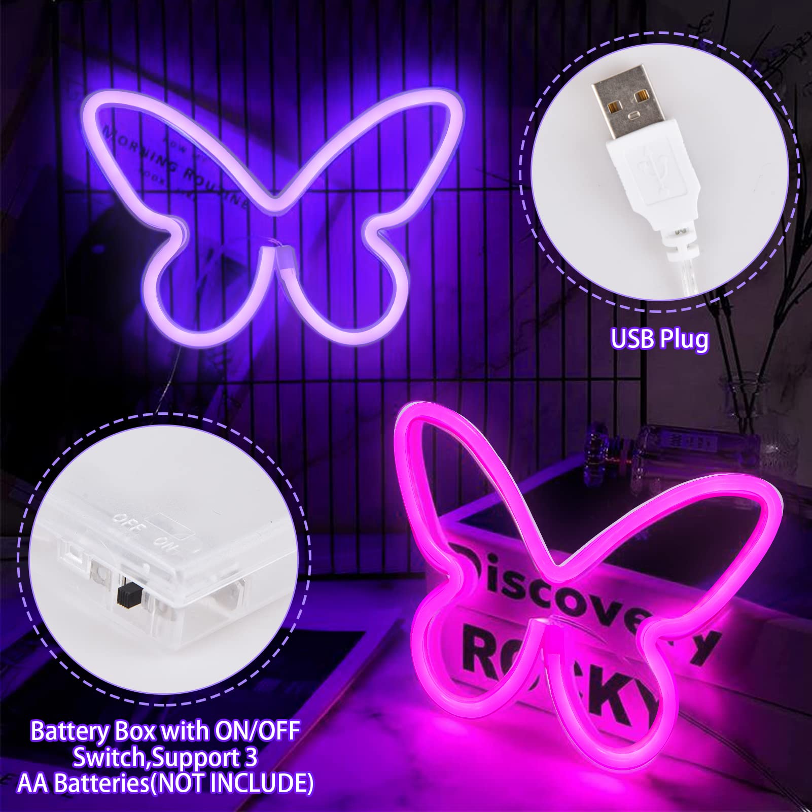 BRIGHTDECK Butterfly Neon Signs, 3 Pcs LED Wall Décor, 5x5 inches, USB/3-AA Battery, Pink/Purple/Warm White, Model 001