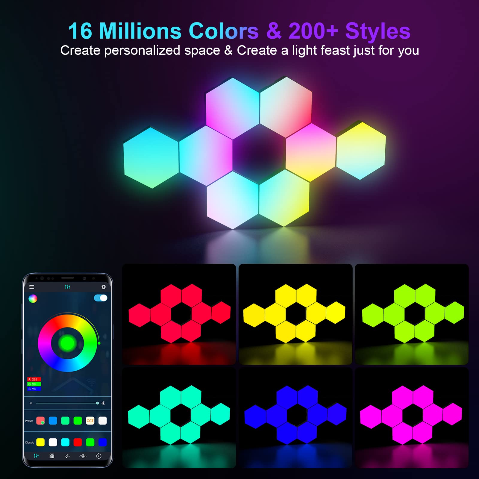 Jimimoro 8 Pack Hexagon Light Panels -Cool Music Sync Rgb Hexagon Led Lights Gaming Lights With App & Remote Control Wall Lights