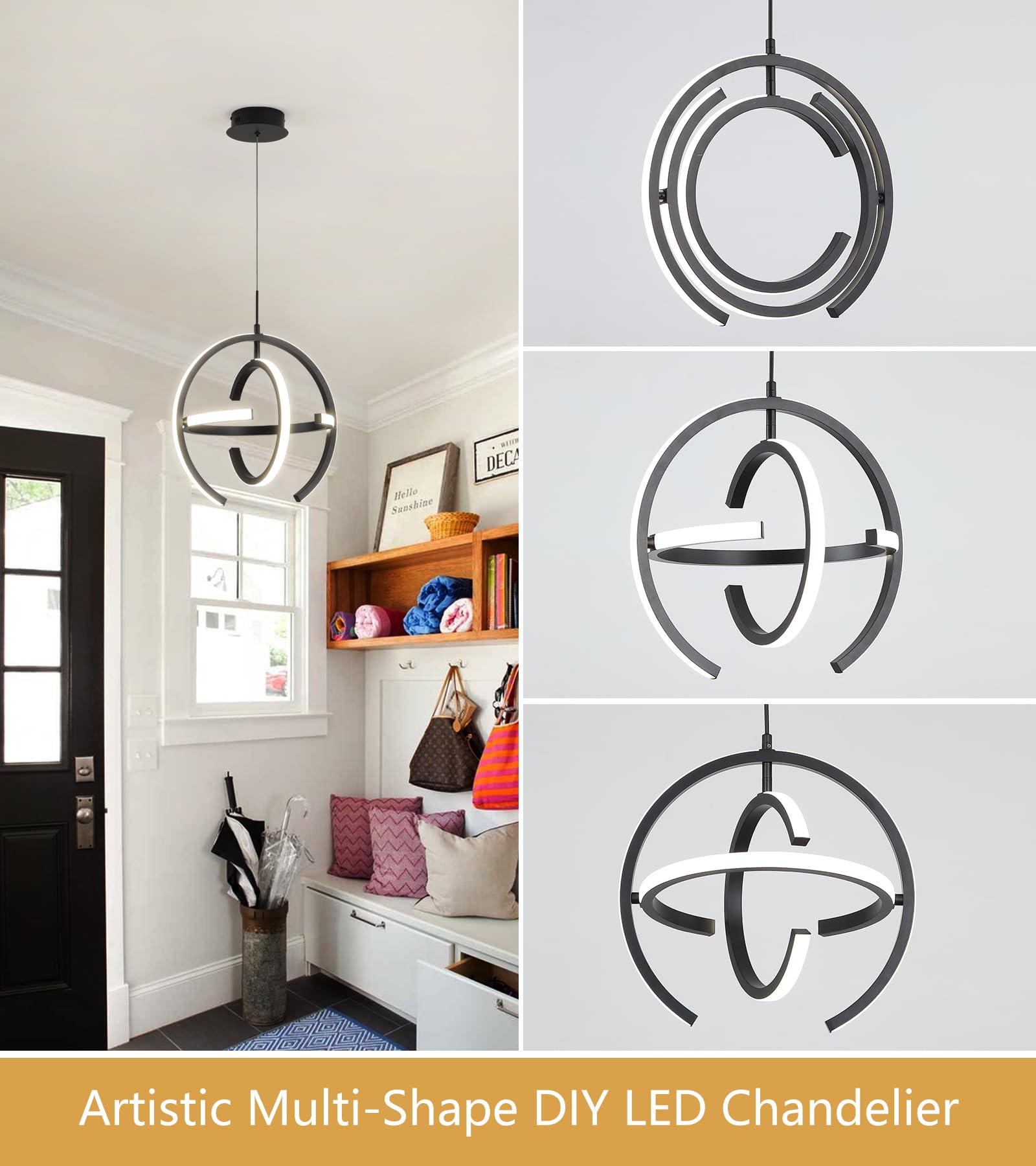 Q&S Modern LED Chandelier - Black Round Globe Pendant Light for Entryway, Kitchen, Dining, Living Room - W15" - Model P2028-BK