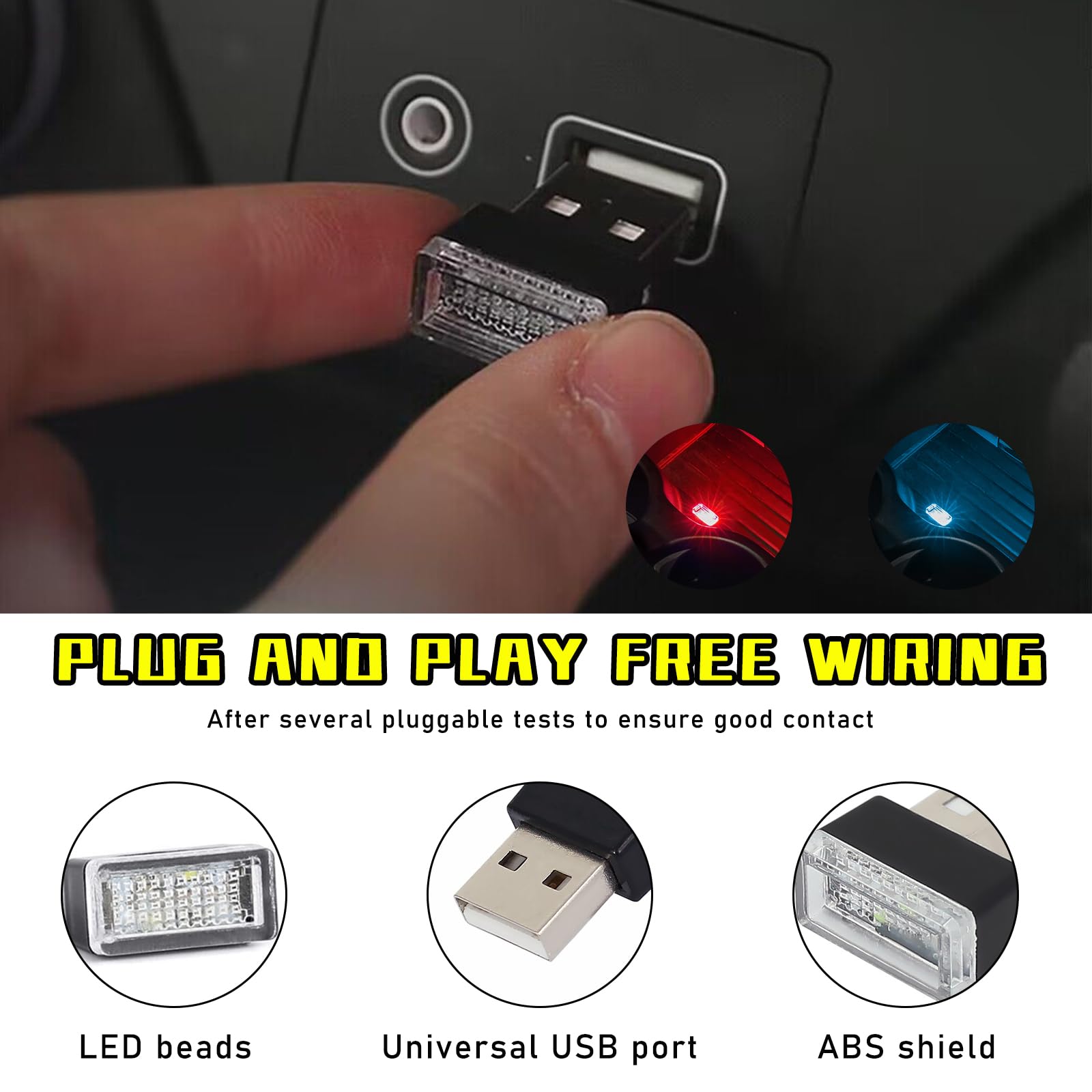 Augeny USB LED Car Interior Atmosphere Lamp Kit - 4 PCS Portable Night Light, 2 Red + 2 Ice Blue, Universal Vehicle Accessories