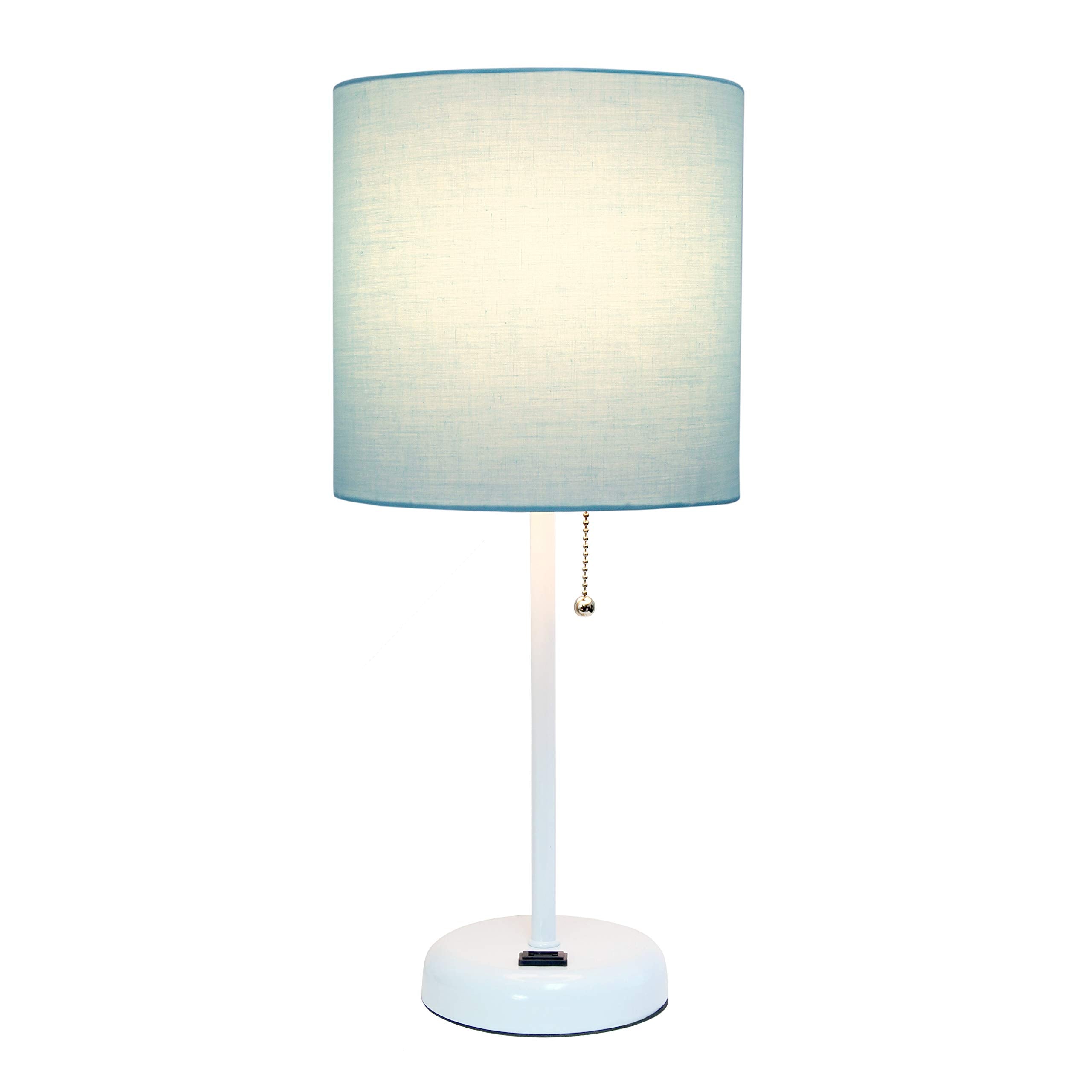 Simple Designs Lt2024-Aow White Stick Table Desk Lamp With Charging Outlet And Drum Fabric Shade, Aqua