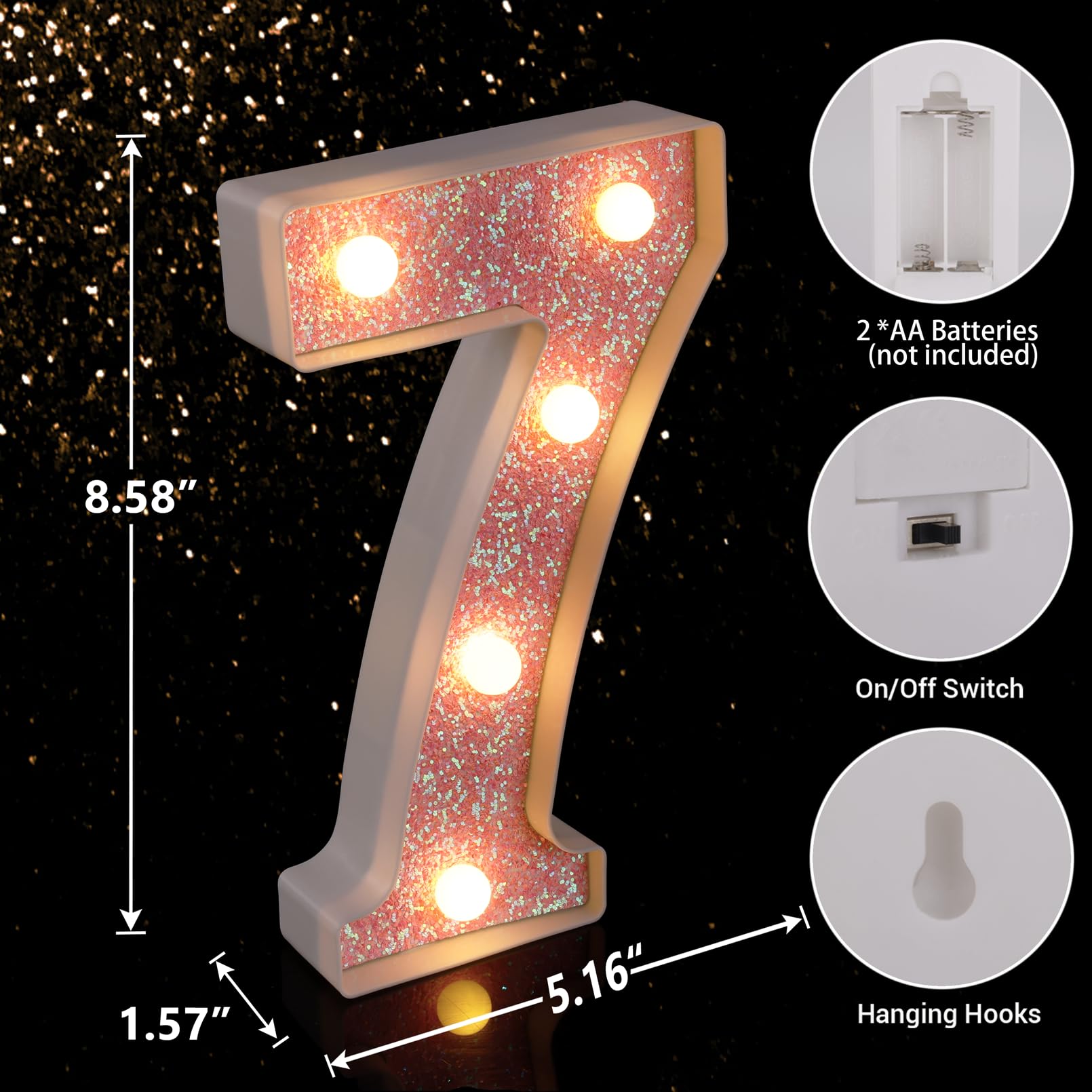 TRONSBOO LED Letter Light Pink Glitter Marquee Number 7, Battery Powered, 5.16in x 8.58in x 1.57in, Plastic for Home Party Decoration