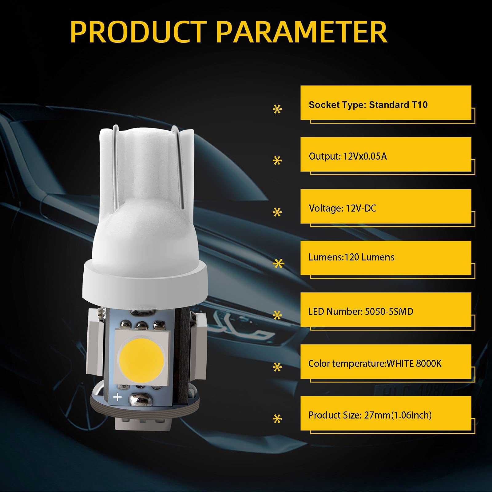 EverBright 20-Pack T10 194 Led Bulb, White 5050 5 SMD 2825 W5W 912 168 LED Bulb Replacement For Car Interior Lights Clearance We