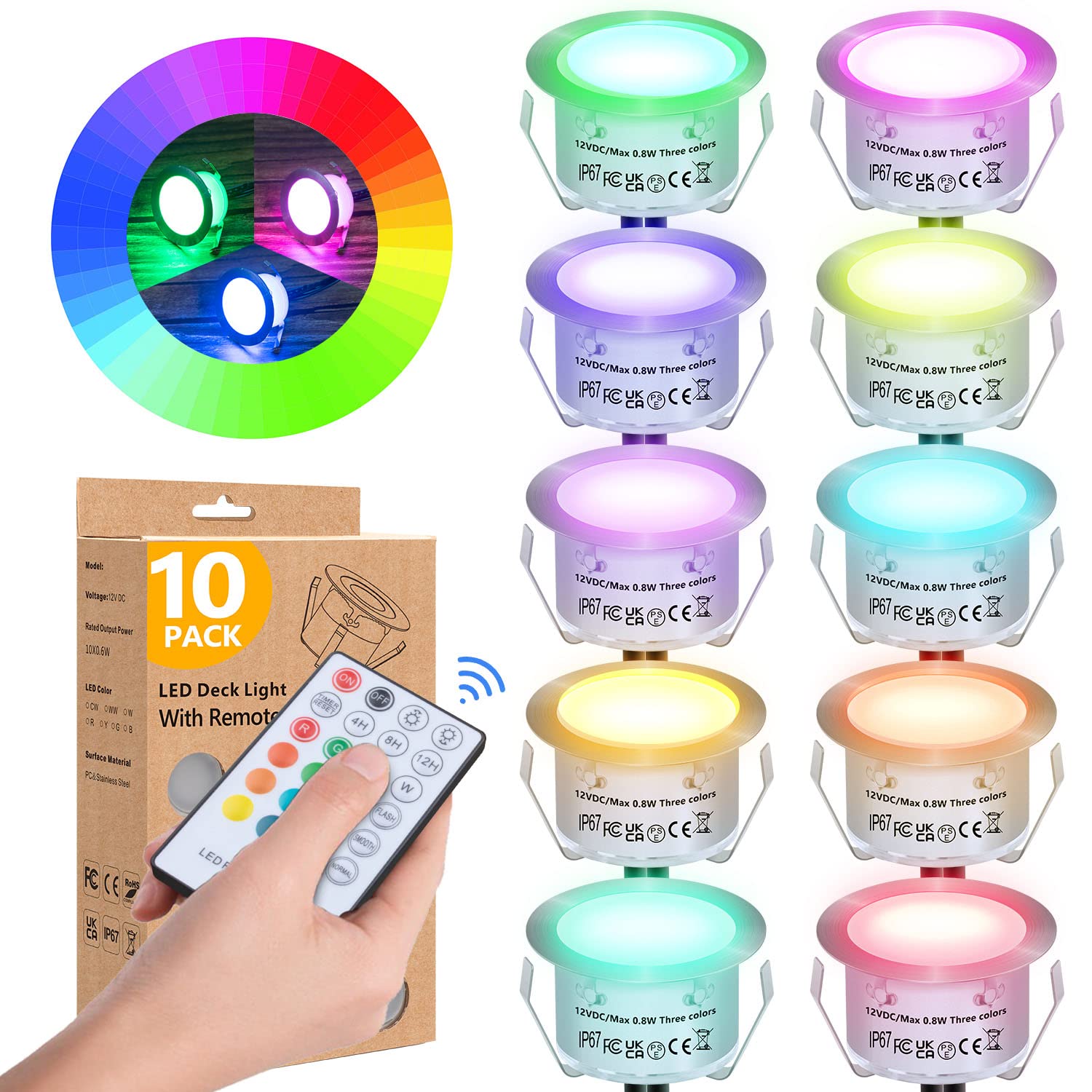 HIBOITEC 10PCS Low Voltage Recessed RGB Deck Lamp f42mm with Remote Control, LED Deck Lights Kit IP67 Waterproof 12V Low Voltage
