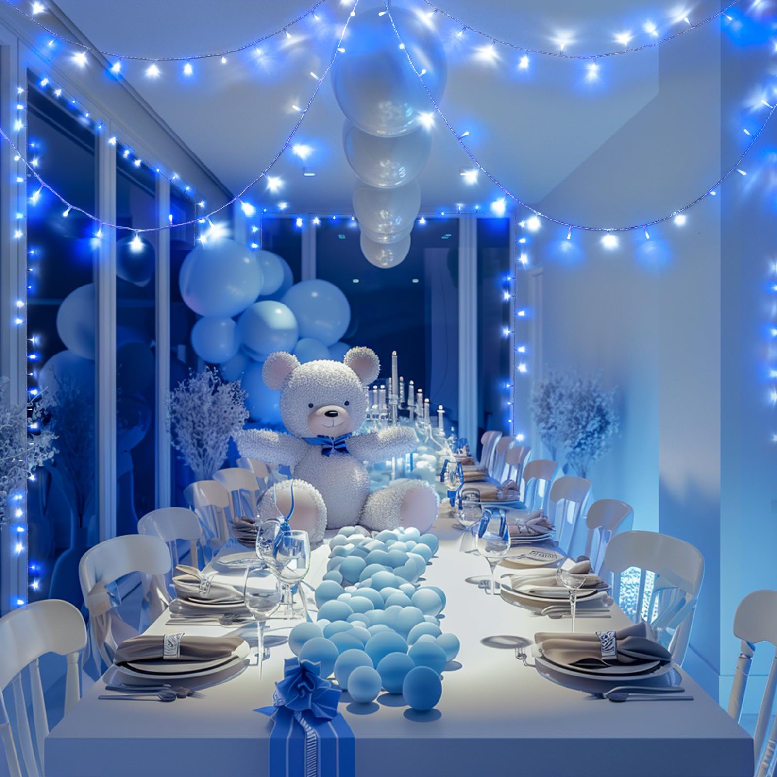 JMEXSUSS Christmas Lights 132FT 400 LED Outdoor String Lights, Waterproof, 8 Modes, Blue and White, Model EXS-S-0400-R