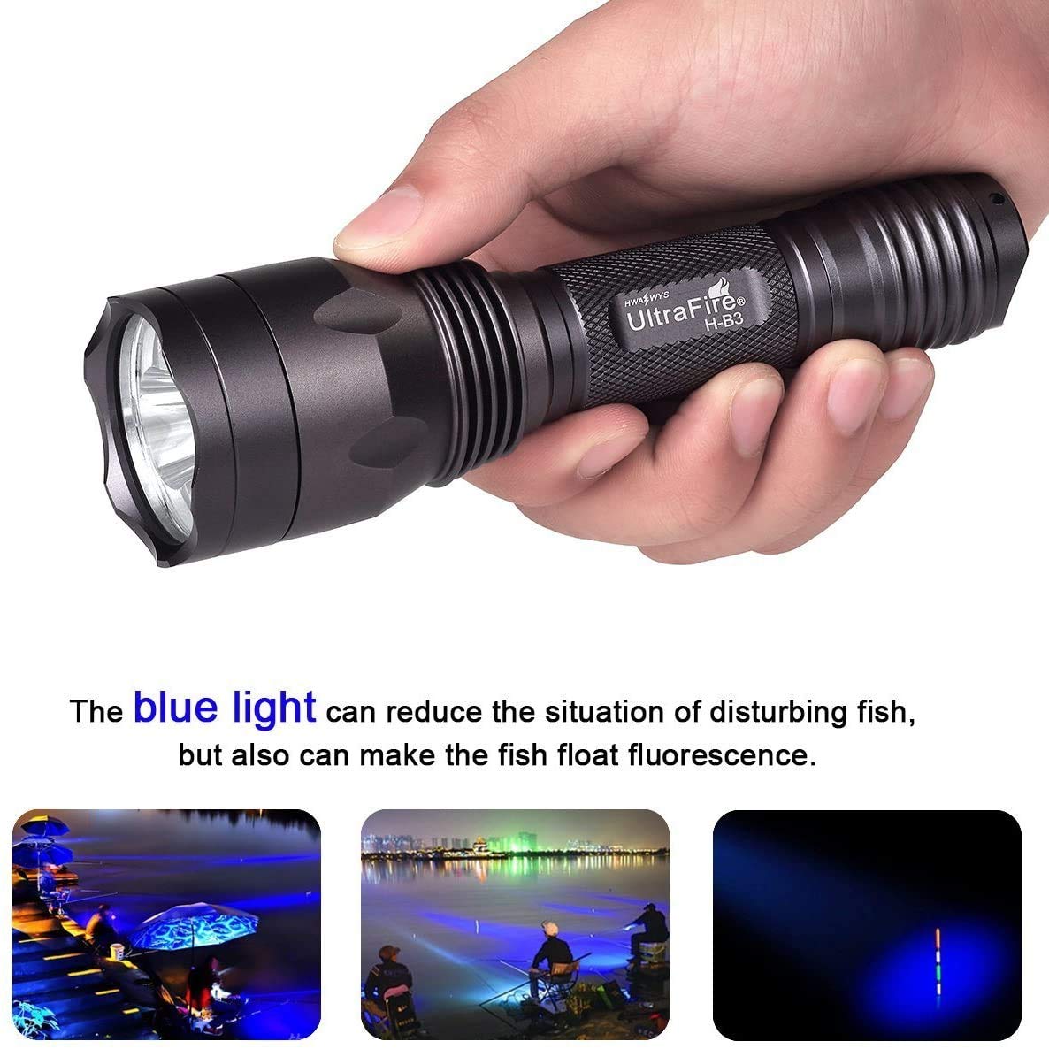 UltraFire Blue Light Flashlight Hunting Torch 256 Yard 470 nm Wavelength Professional Blue Beam Flashlight Fishing Hunting H-B3