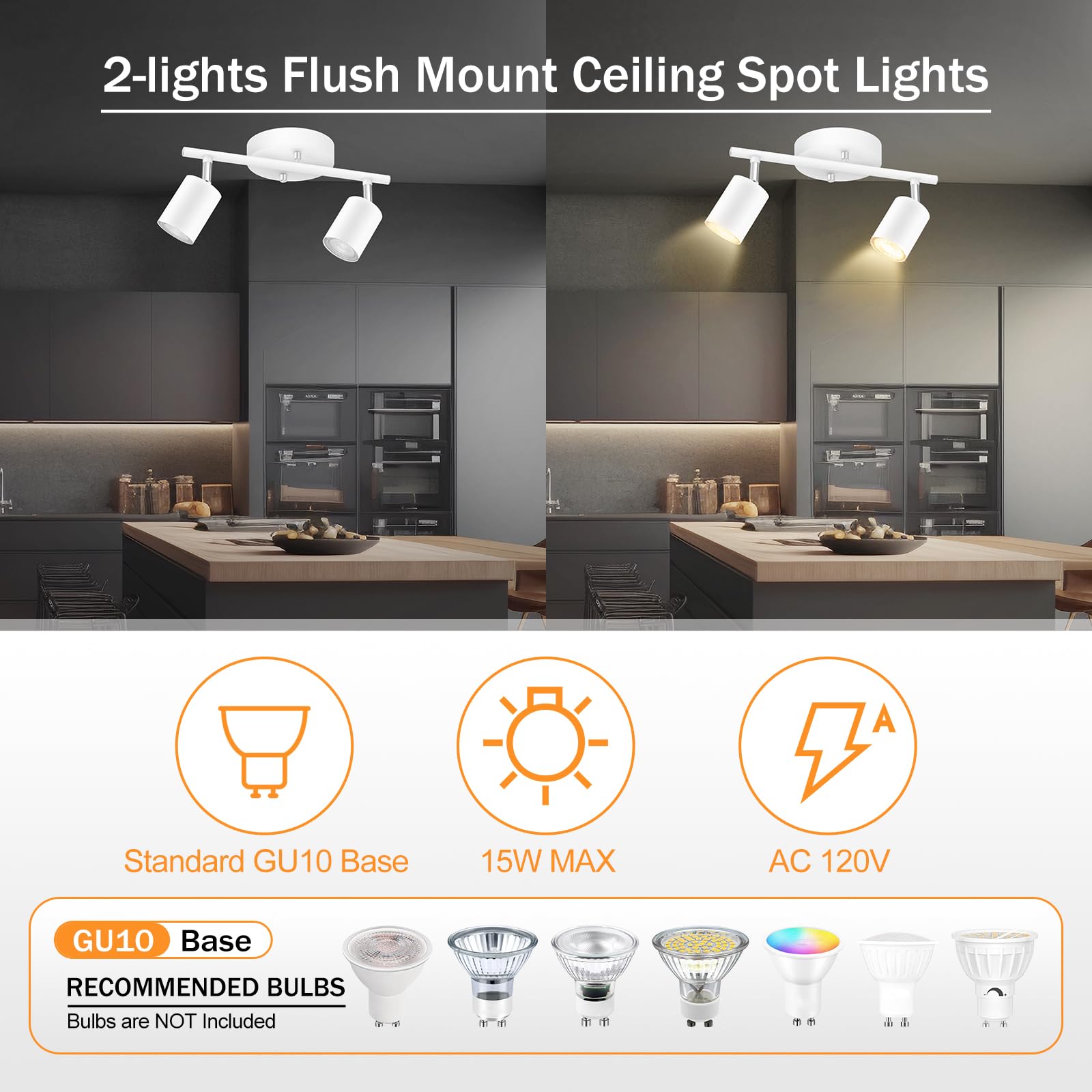 Track Lighting Ceiling, White 2 Lights Track Lighting For Kitchen, Modern Track Lights Fixtures Ceiling Kit, Rotatable Track Hea