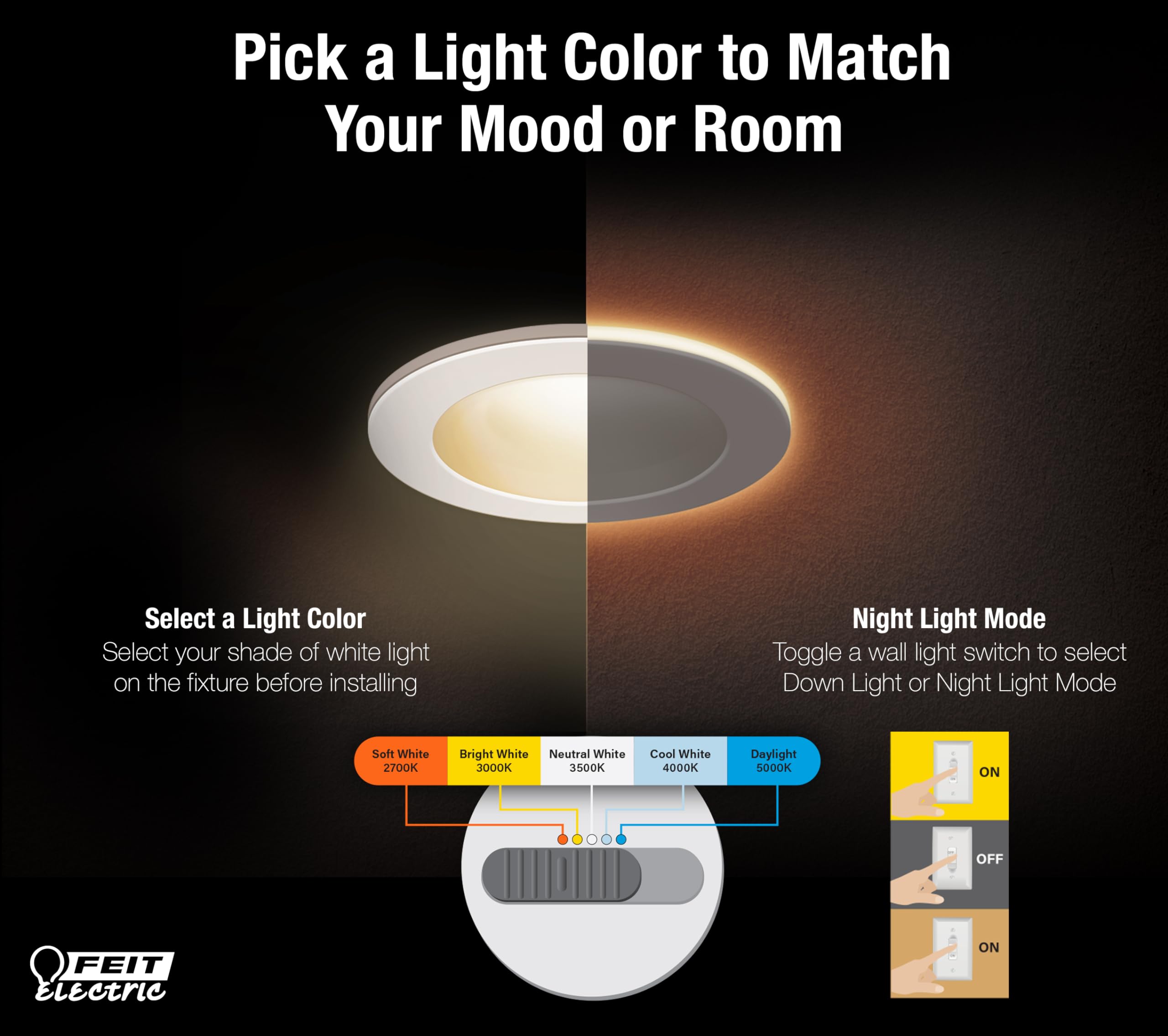 Feit Electric 6'' Led Canless Recessed Downlight With Night Light Mode And Integrated J-Box, 85W Eq, Dimmable, 5Cct Selectable W