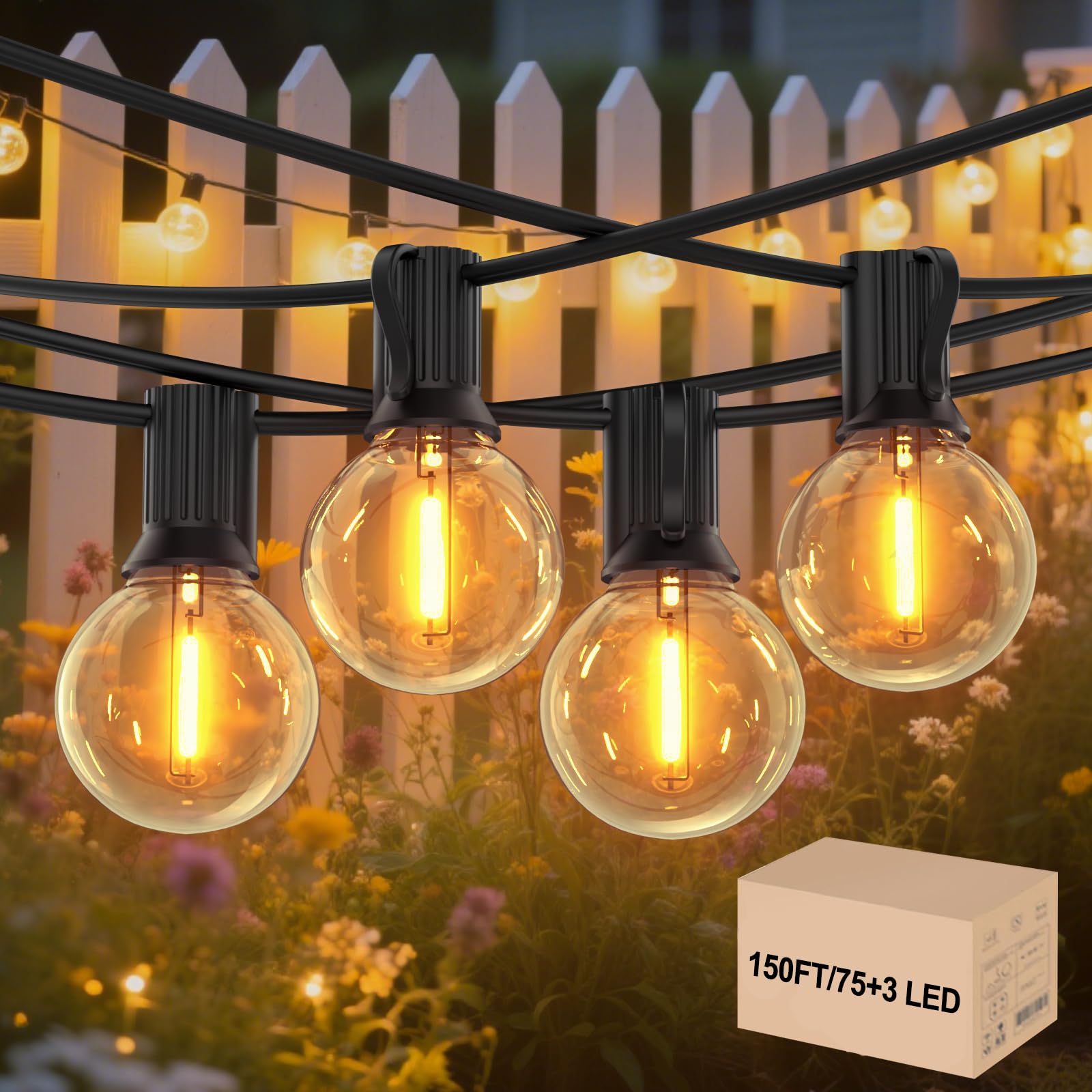 GLOBELIT Outdoor String Lights 150FT G40 75+3 Bulbs IP45 Waterproof Warm White Black