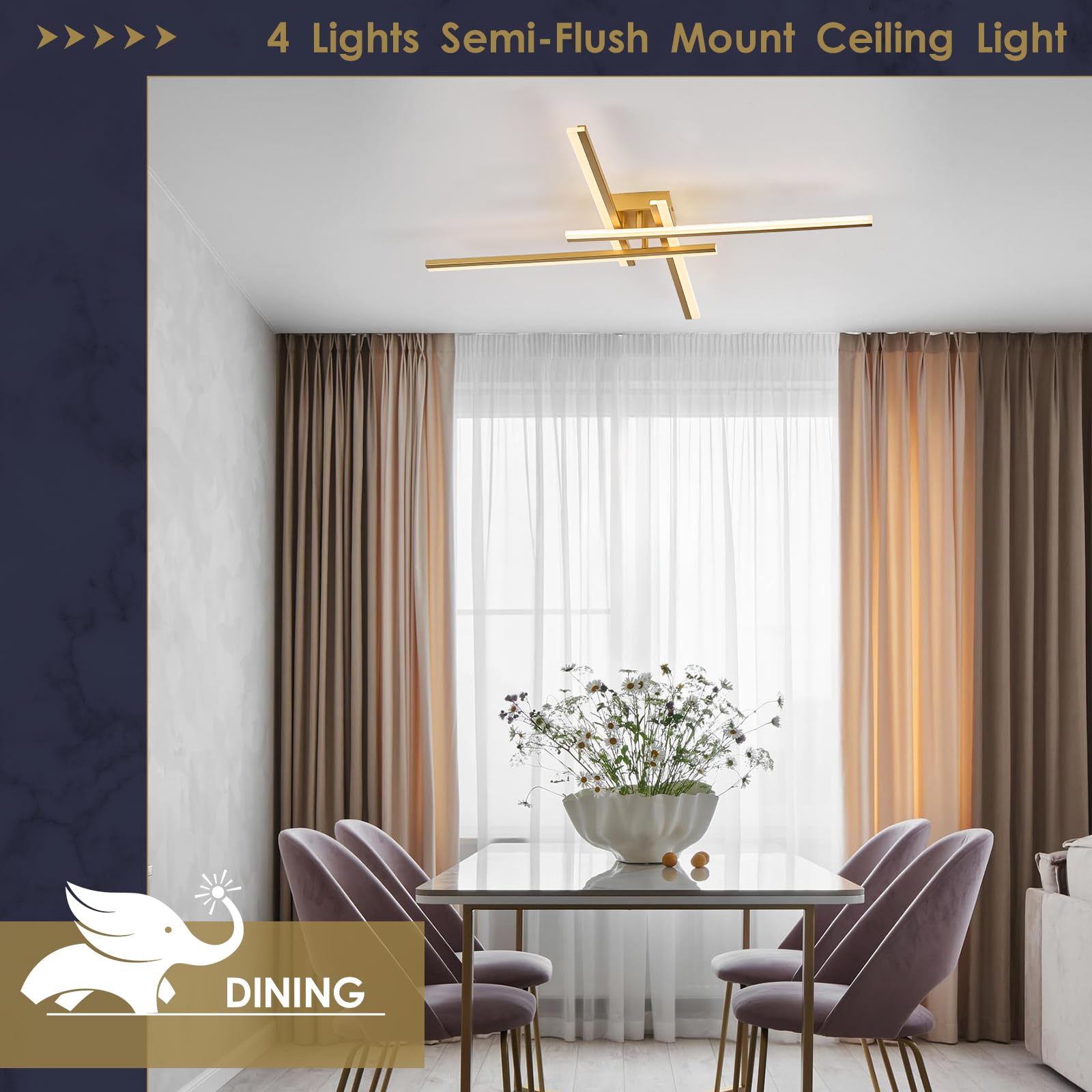 Airyphant Gold Modern Led Chandelier 4-Lights Semi-Flush Mount Ceiling Lighting Fixture 35.4  Dimmable Remote Control Ceiling Light For Living Room Bedroom Kitchen Foyer
