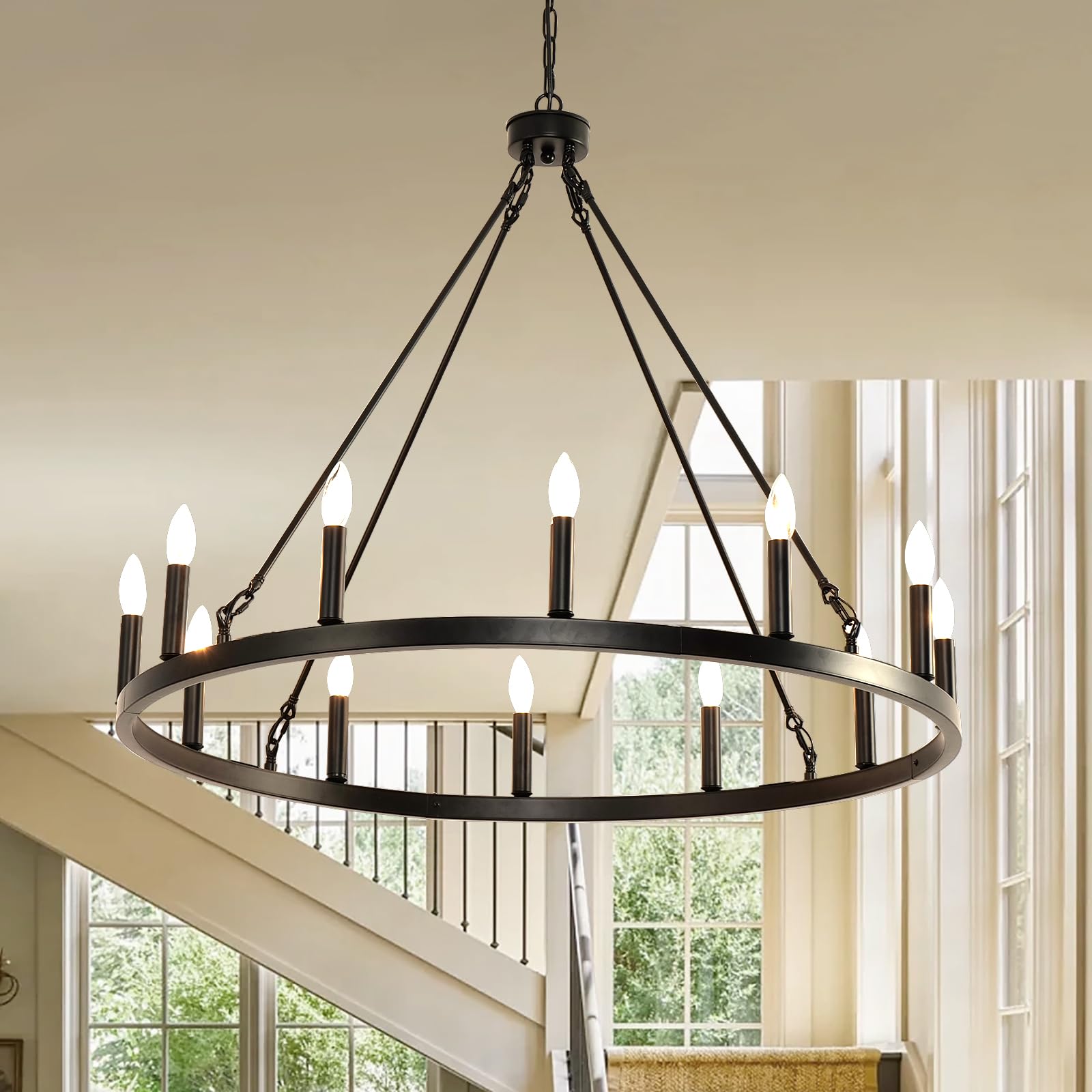 Baoure 38 Inch Black Wagon Wheel Chandelier, 12-Light Farmhouse Industrial Round Wagon Wheel Chandelier For Outdoor Porch Living Room Hallway Foyer