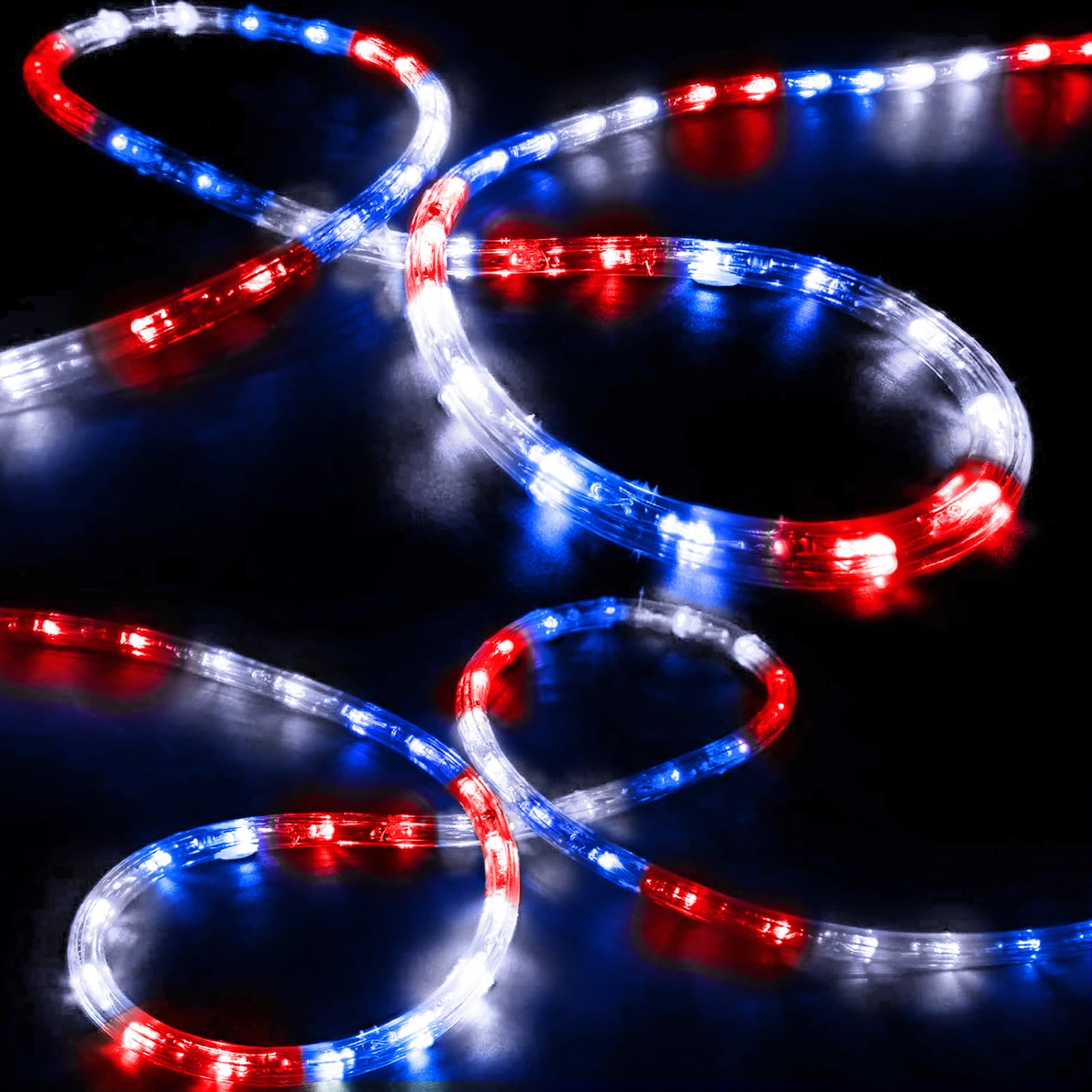 Jnaurb 100ft LED Rope Lights - Waterproof, 720 LEDs, 8 Modes, Red & White & Blue for Indoor/Outdoor Decor