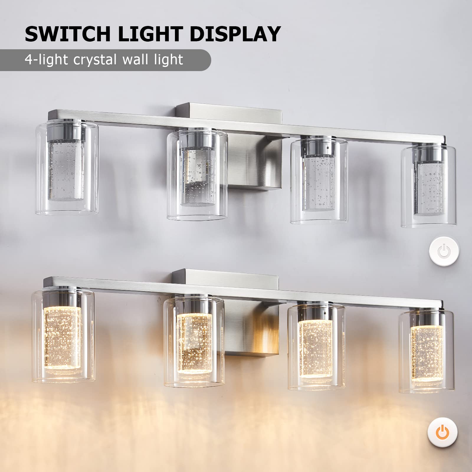 SADENICEL 4-Light Bathroom Light Fixtures, Brushed Nickel, Dimmable LED White/Neutral/Warm Crystal Bathroom Vanity Lights Over M