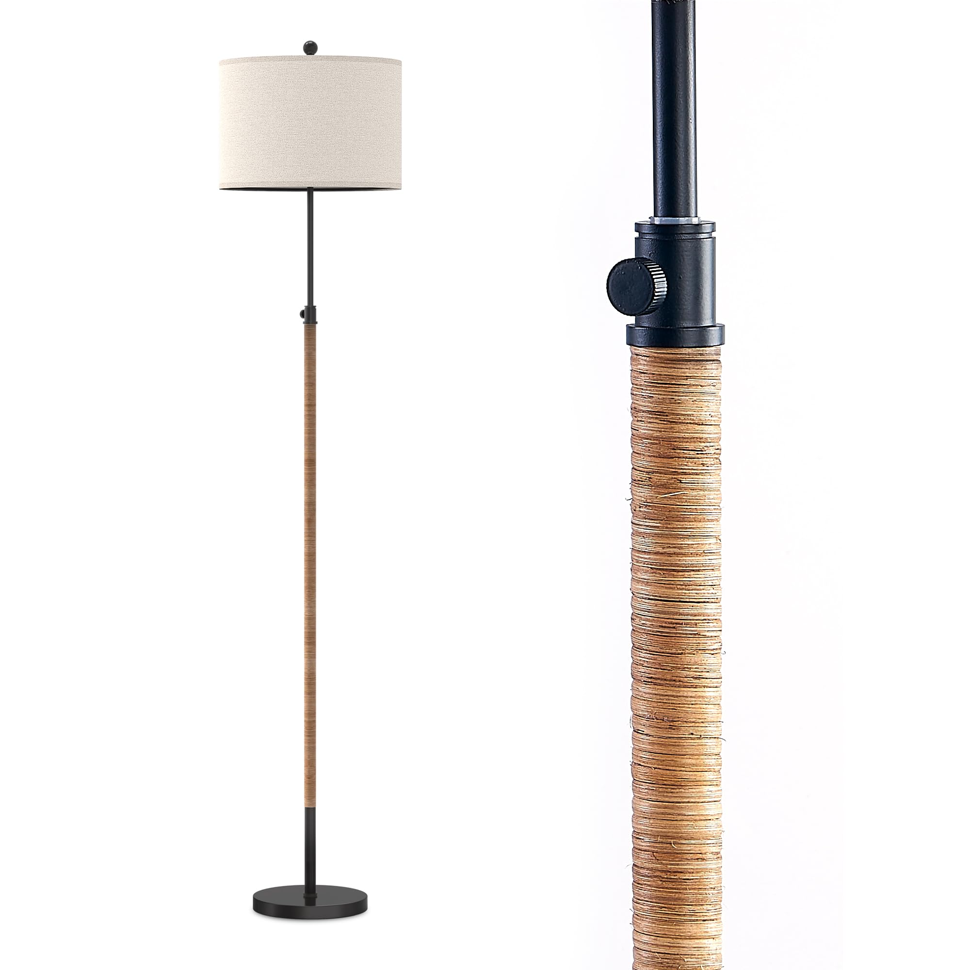Hightry Farmhouse Rattan Floor Lamp For Living Room, Adjustable Height:65''-70'' Brass Gold Standing Lamp, Boho Tall Skinny Pole