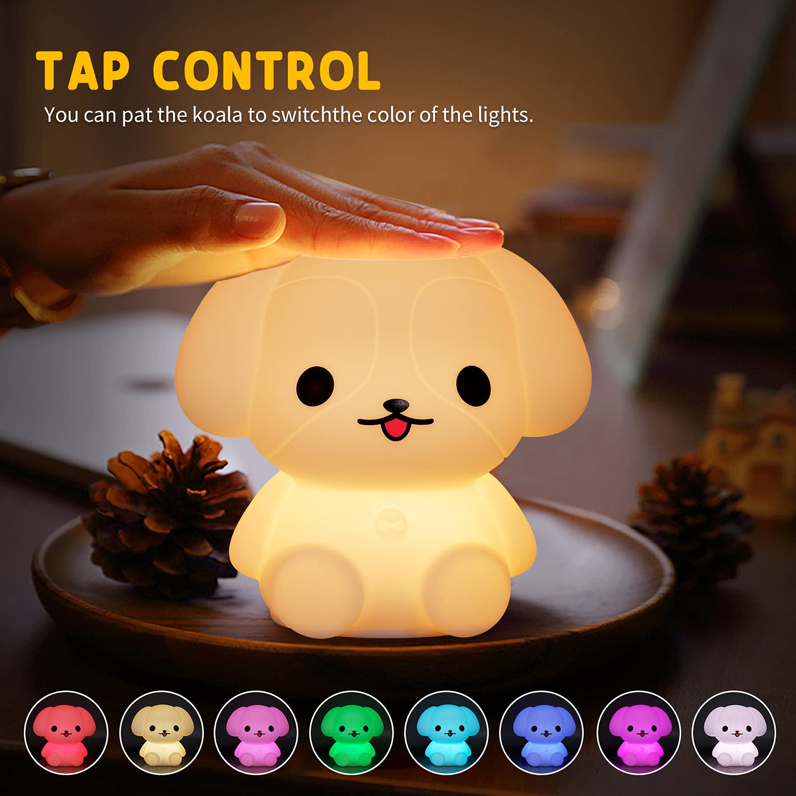 ShaArkMango LED Night Light for Kids, Dimmable Silicone Rubber Puppy Lamp, Rechargeable Bedside Nursery Light