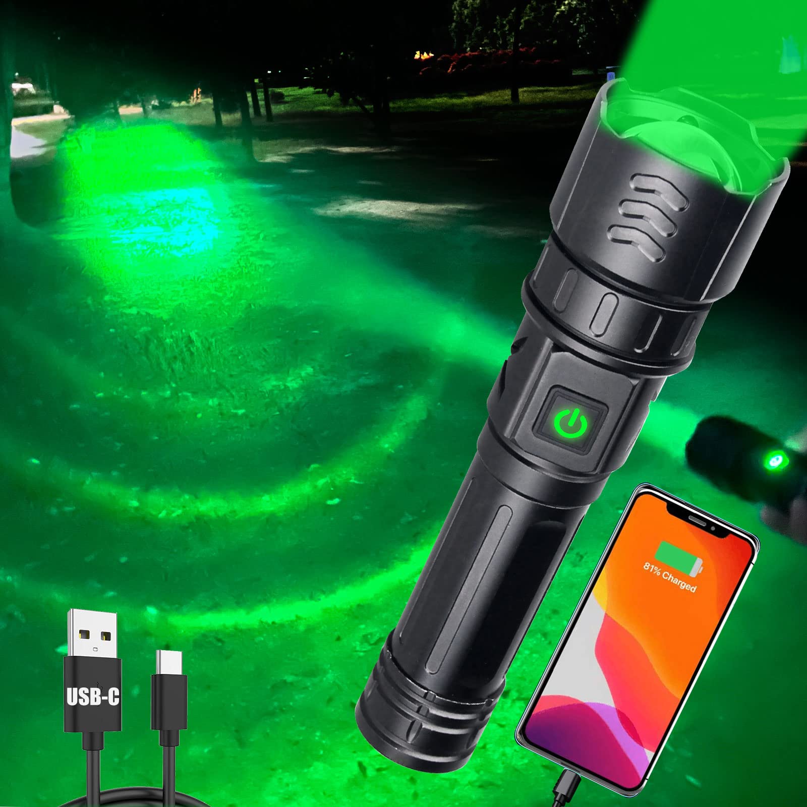 VASTFIRE USB-C Rechargeable Green Flashlight Zoomable 1000 Yard Pressure Switch Scope Rail Mount Hogs Predators Night Hunting (30)
