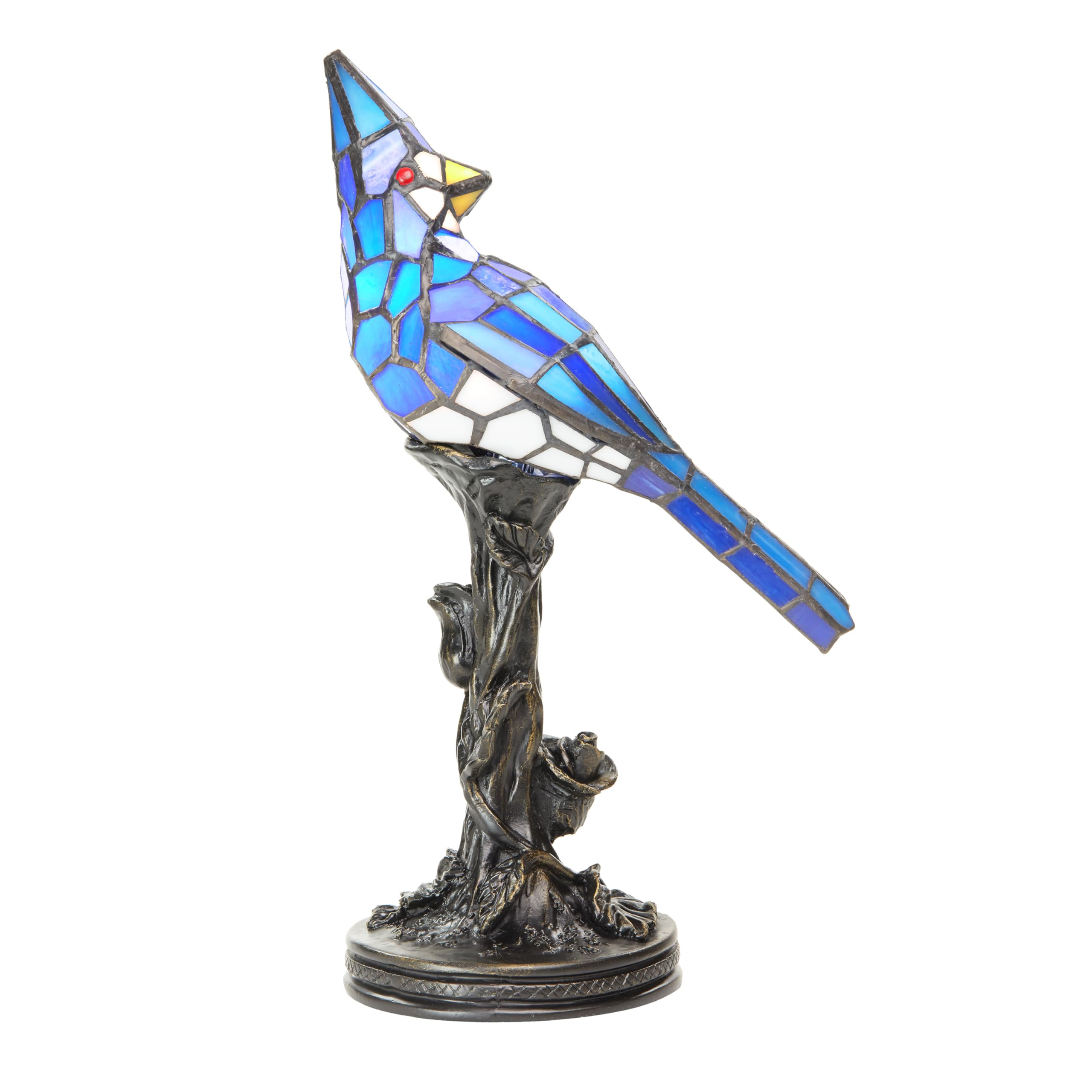 RIVER OF GOODS Stained Glass Bird Accent Lamp - 8in W x 13.5in H - Cardinal Decor - Tiffany Style - Model 13281 - Blue Jay