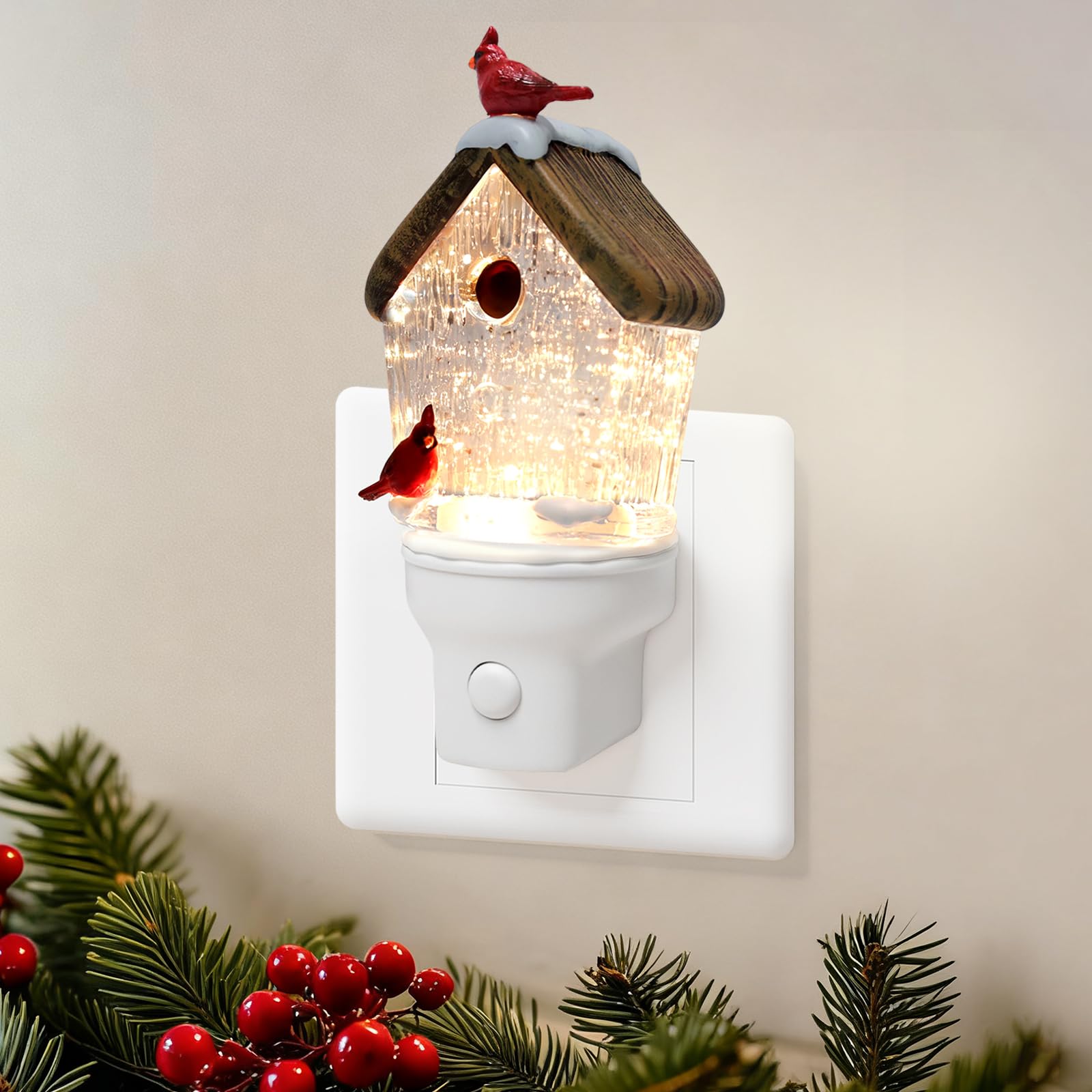 Christmas Birdhouse Night Light Plug into Wall Glitter Water Nightlight with USB/Outlet Options  Christmas Decorative Nightlight for Bedroom Kitchen Nursery Holiday Decorations Gifts (Birdhouse)