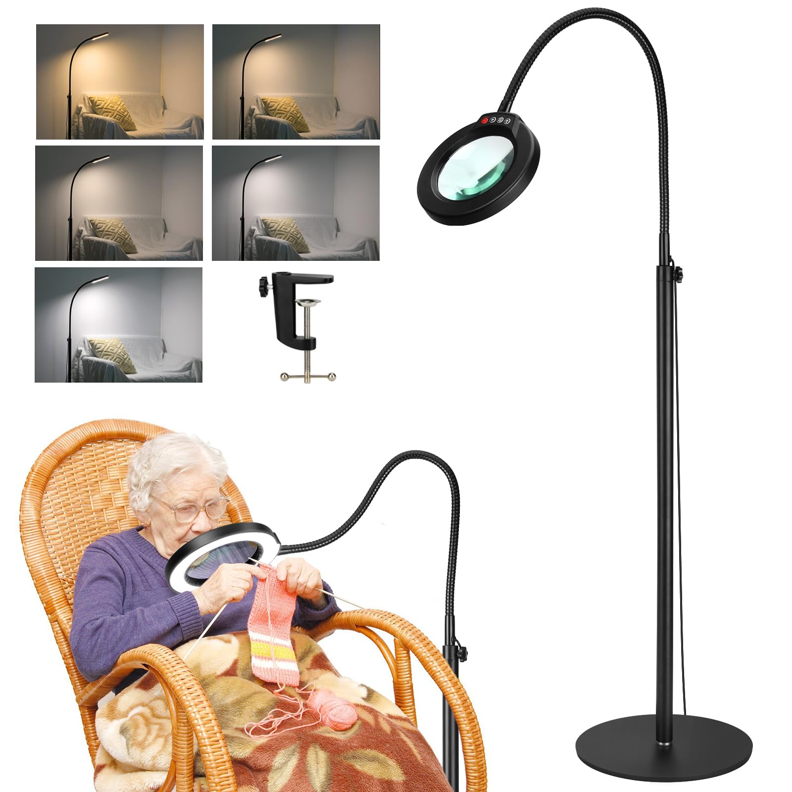 10X Magnifying Glass with Light and Stand, Krstlv 24'' Flexible Gooseneck Magnifying Floor Lamp, 3-in-1 LED 5 Color Modes Steple