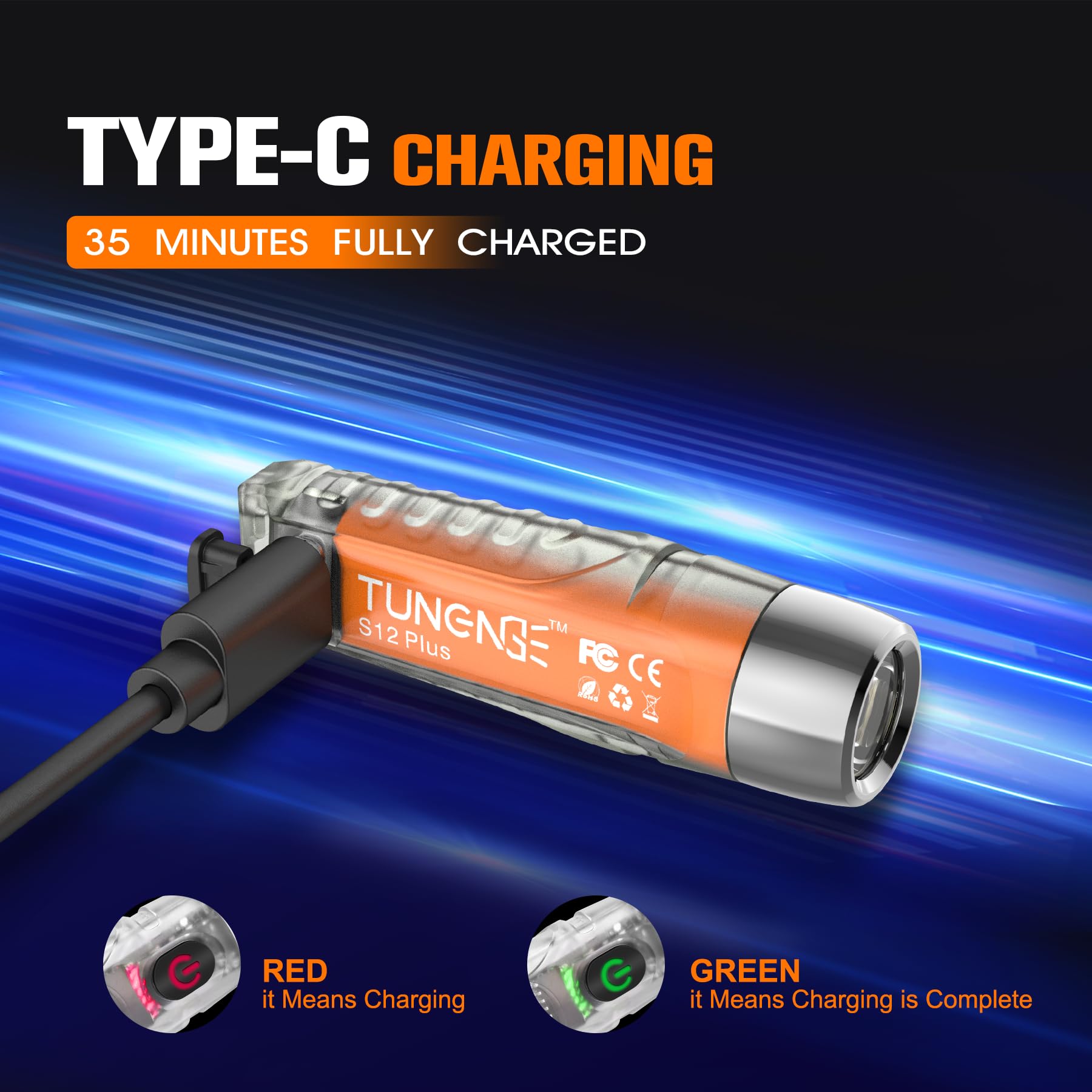 TUNENGE S12Plus Keychain Flashlight - 610 Lumen USB-C Rechargeable Mini LED - Fluorescent White for Camping & Emergency