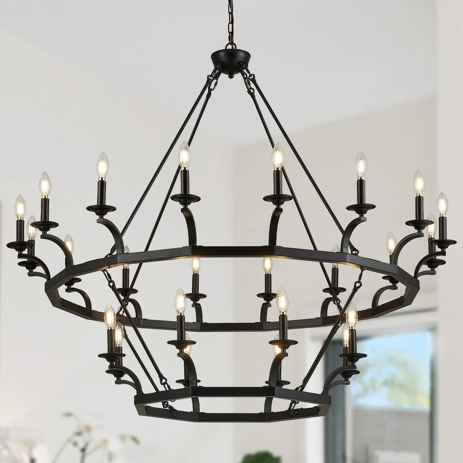 Brfaixla 2 Tiers 24 Lights Large Wagon Wheel Chandelier 52.6'' Rustic Black Metal Ceiling Pendant Light Fixture Industrial Chand