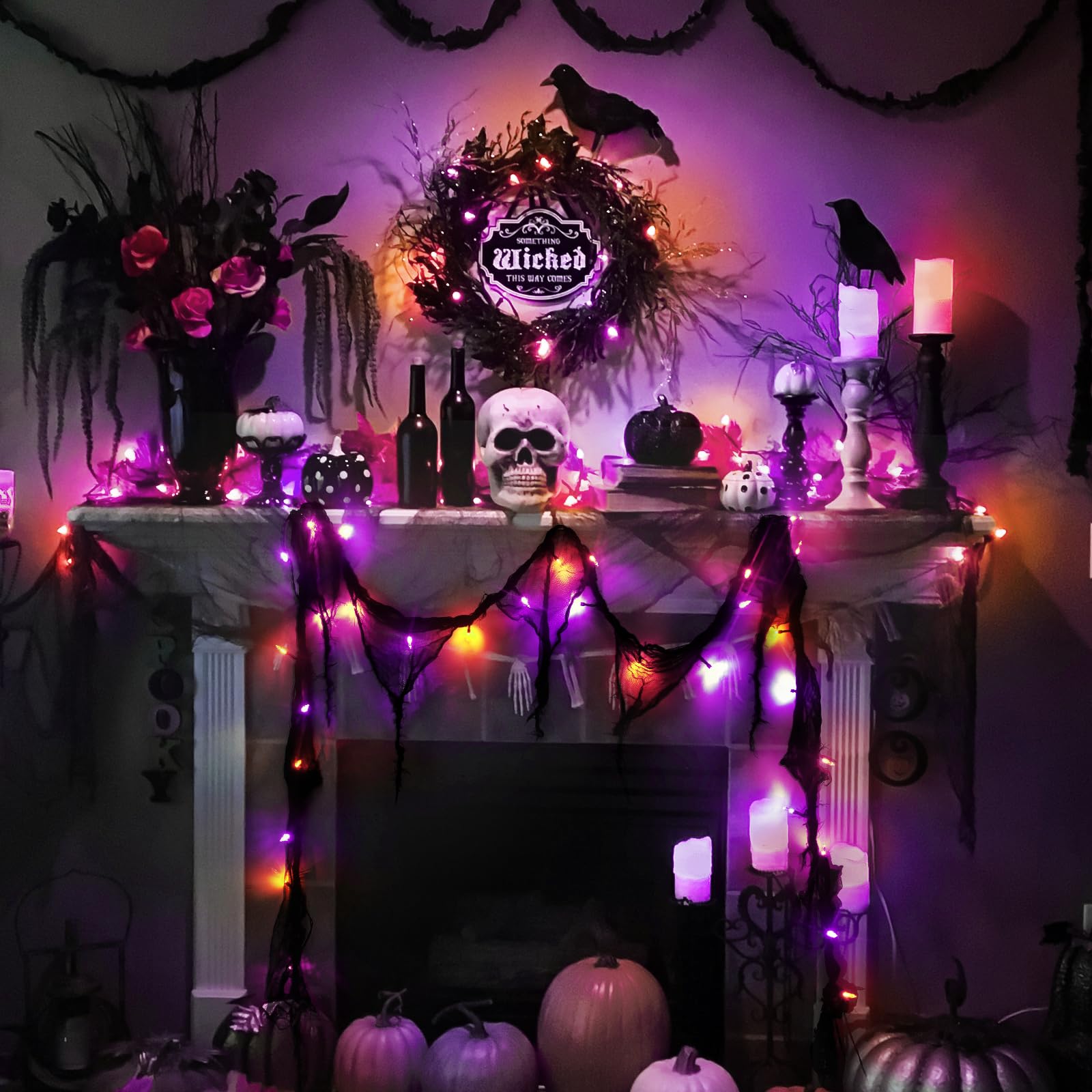 Halloween Horror Atmosphere Lights  Orange&Purple Led String Lights With 9.9Ft Creepy Black Gauze  Battery Powered With Timer & 8 Flashing Modes (Orange & Purple)