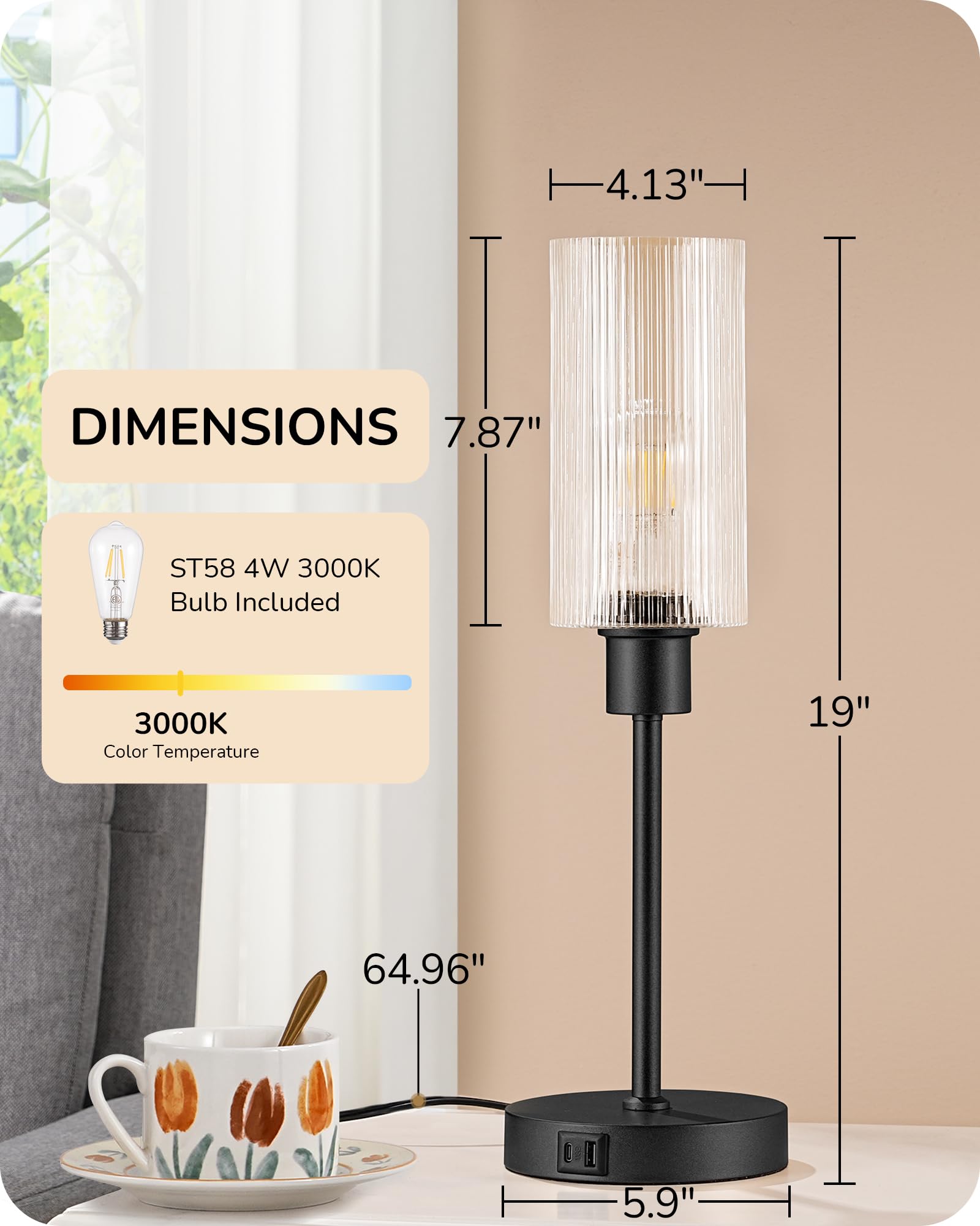 EDISHINE Touch Control Table Lamp with USB Charging Ports, 3-Way Dimmable Glass Shade, Black, Model 6e0d2e66-4aa0-4aff-a