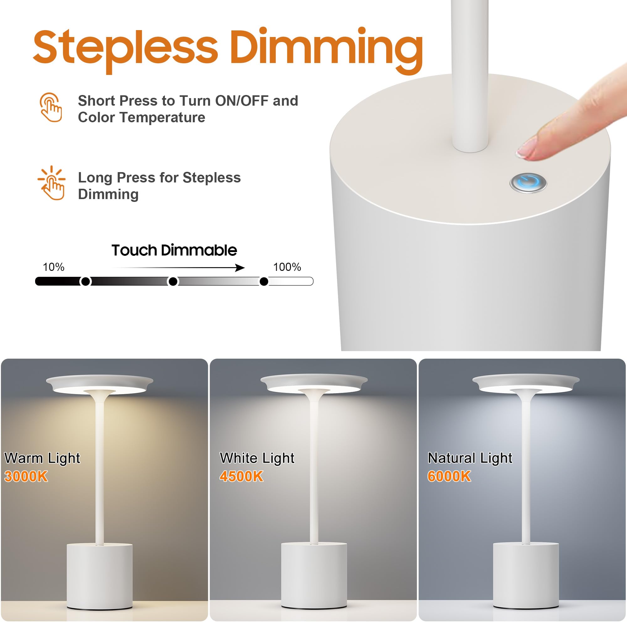 Sikevht Cordless Table Lamp, Portable Rechargeable 6000mAh, 3 Color Dimming, LED, 2Pack, White, Model S823