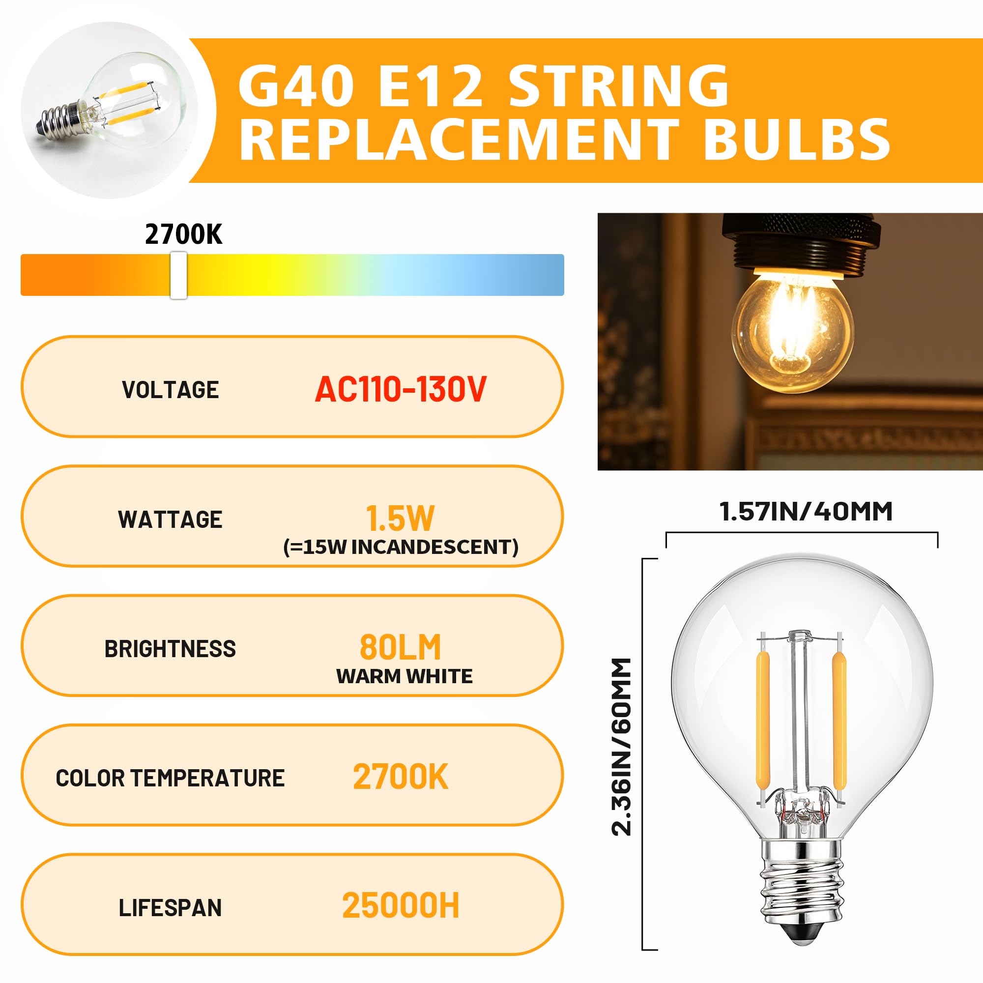 25Pack G40 Clear Glass Led Replacement Bulbs, 1.5W Equivalent 15W E12 Screw Base Shatterproof Globe Light Bulb For Indoor & Outd