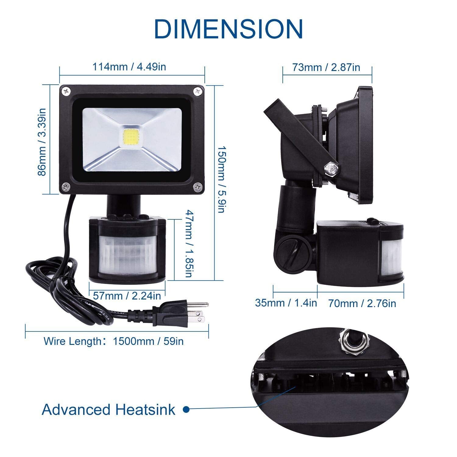 Z Motion Sensor Flood Light, 10W Led, Ip65 Waterproof, Daylight White-Gray, Us 3-Plug