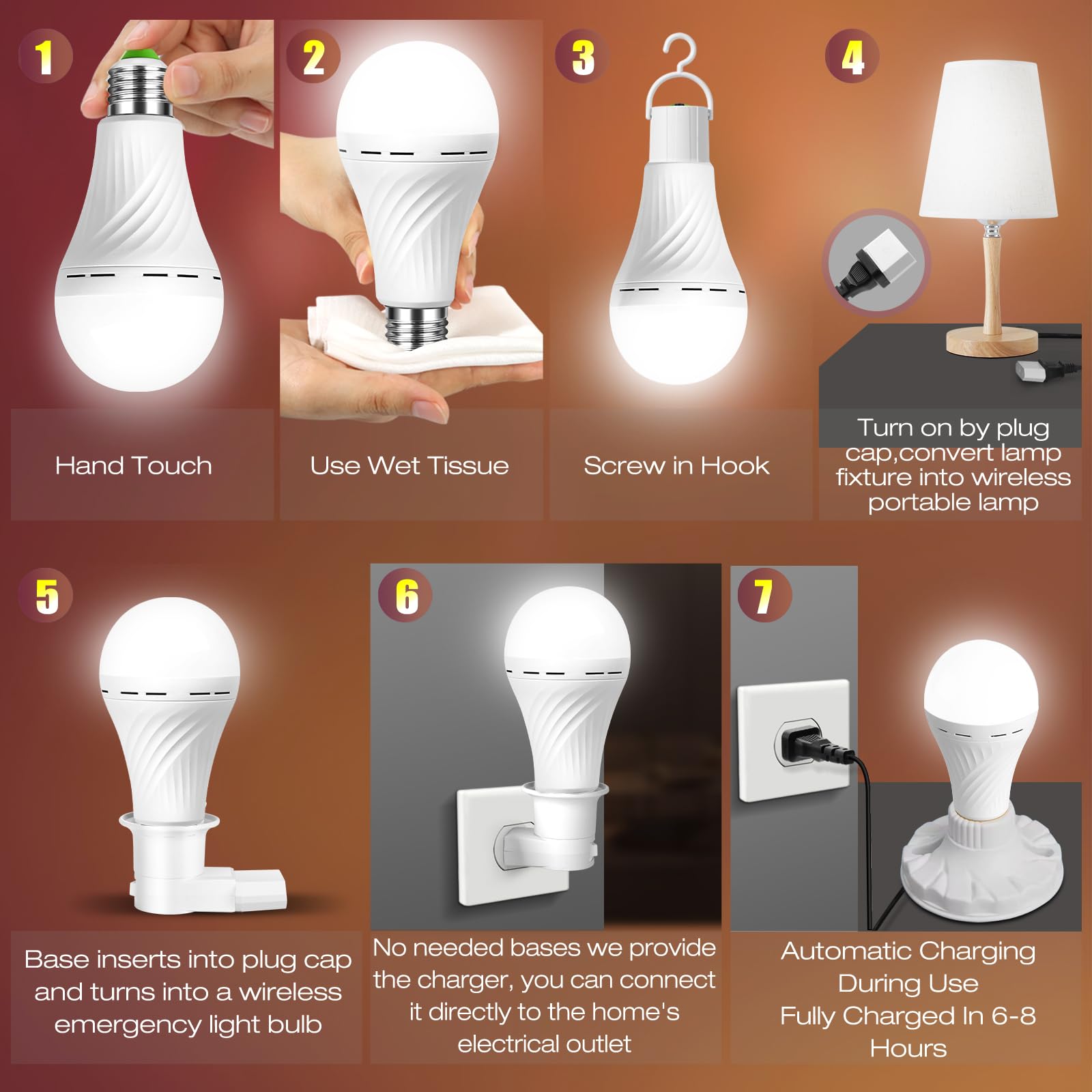 SORHE LIDKO Emergency Rechargeable LED Light Bulbs, 12W Equivalent, Battery Powered, White, Model 2, 6 Bulbs & Accessories