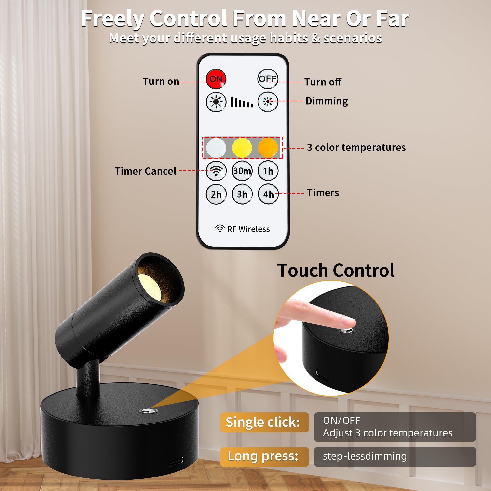 GORDNWE LED Rechargeable Spotlight, Remote Control & Timer, Dimmable Wireless Wall Lamp, 2 Pack, Black, Model DX0004