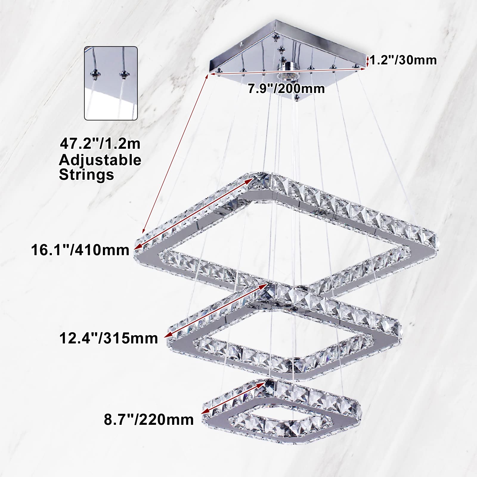 Diisunbihuo Modern Crystal Led Chandelier Pendant Light, Adjustable Height, Square Rings, Cool White, Model B078Dlym5X