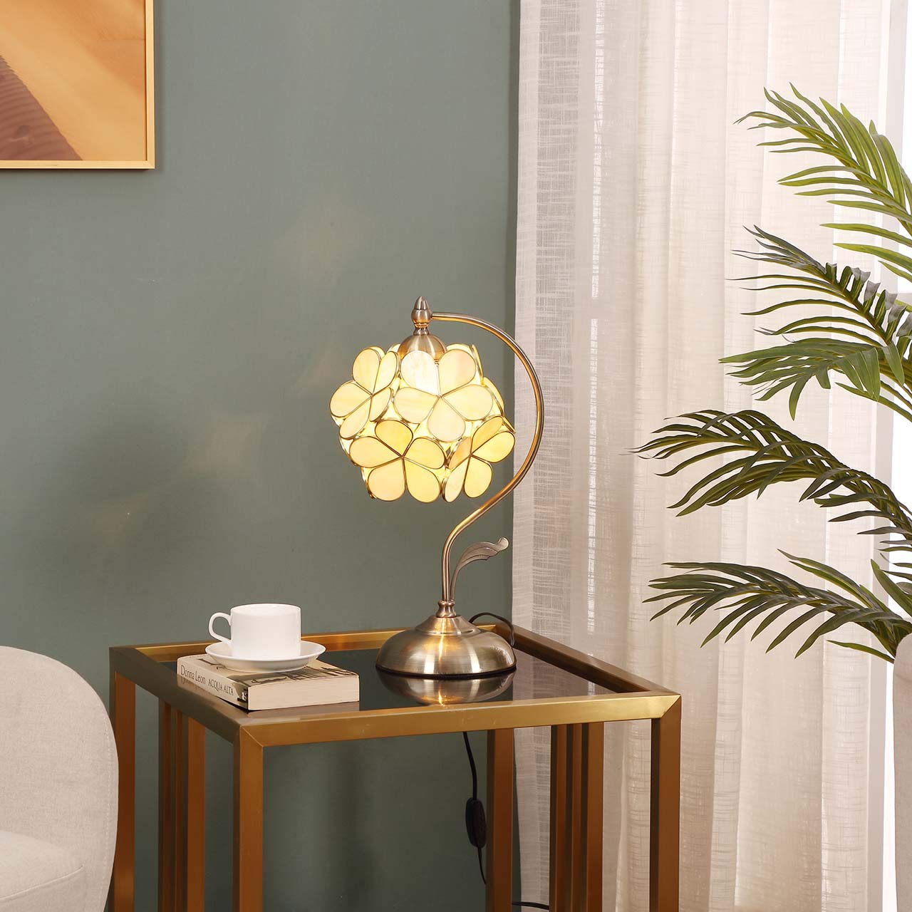 Bieye L10754 Tiffany Style Stained Glass Flower Petal Table Lamp With Brass Base For Home D  Cor (Cream, 8'' Cherry Blossom)
