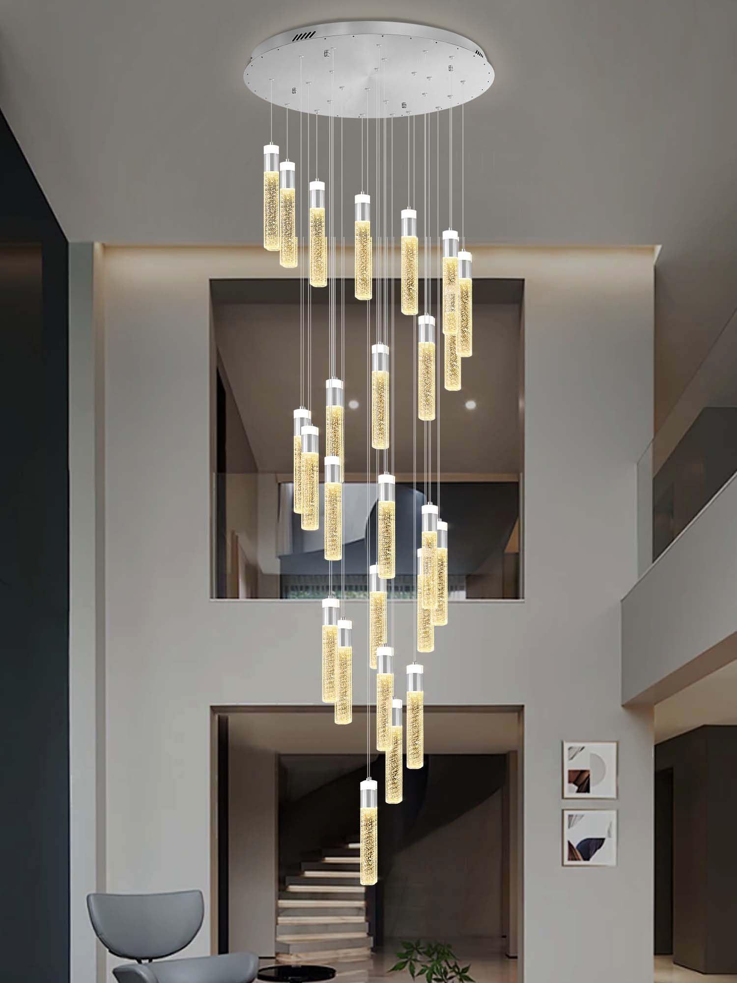 Idequy 25-Light Silver Modern Crystal Raindrop Chandelier For Foyer Stair Well Entrance 130'' Long Crystal Bubble Column Chandel