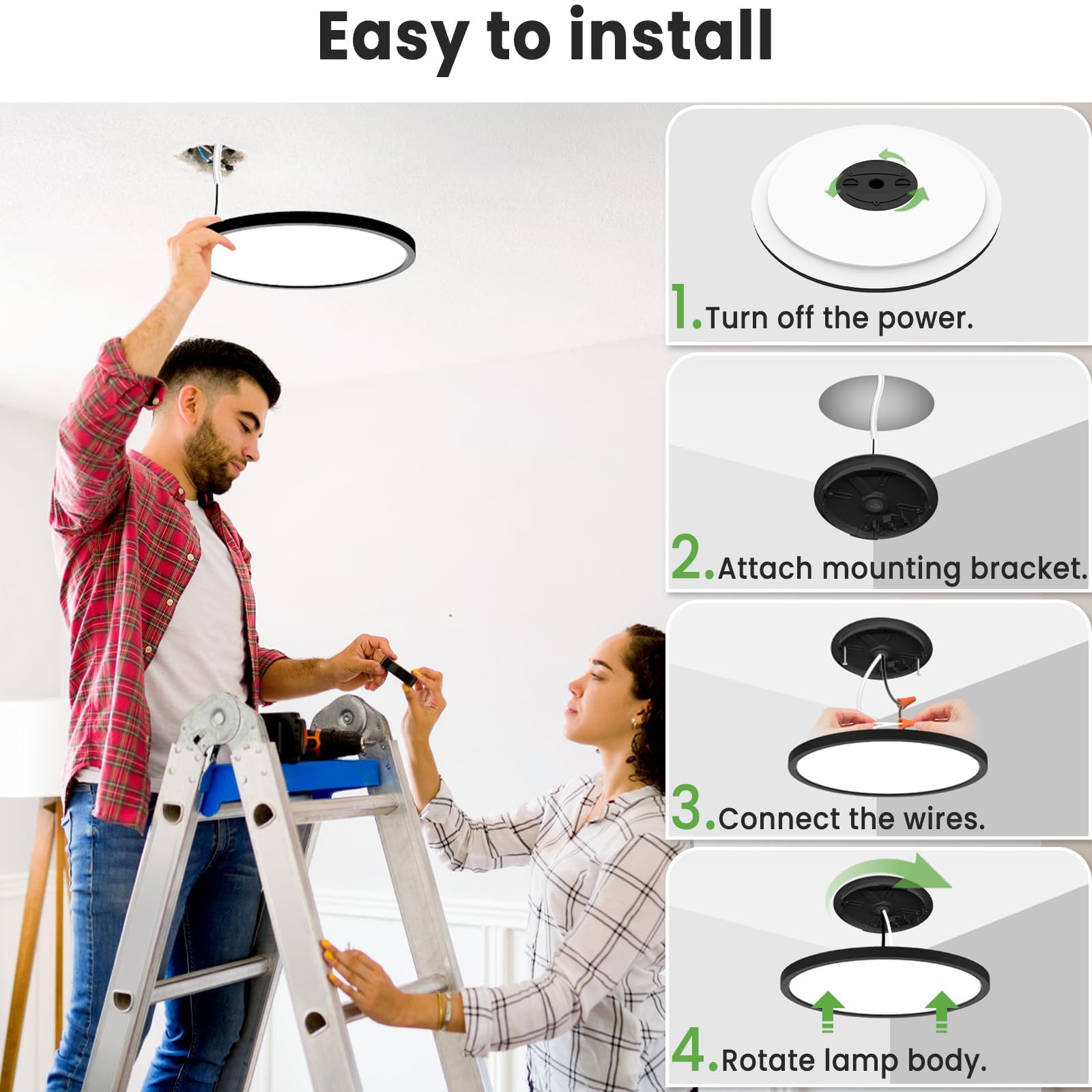 Zemty Led Ceiling Light 9 Inch,24W 2400Lm Bright Flush Mount Light Fixture 3000K/4500K/6000K Adjustable, Black Thin Flat Ceiling