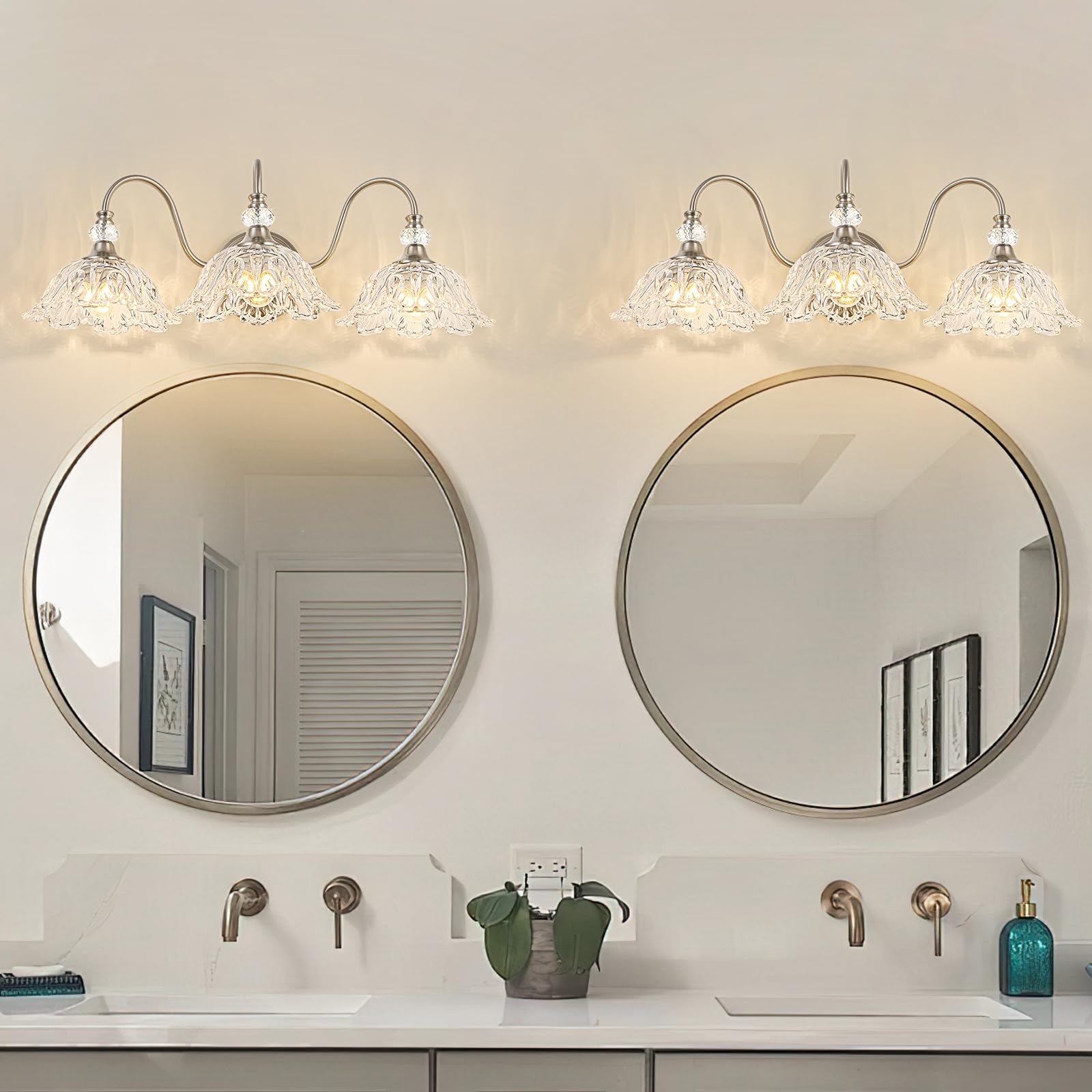 Sunkryster Brushed Nickel 3-Light Bathroom Vanity Light with Floral Glass Shades, Metal Wall Mount Lighting