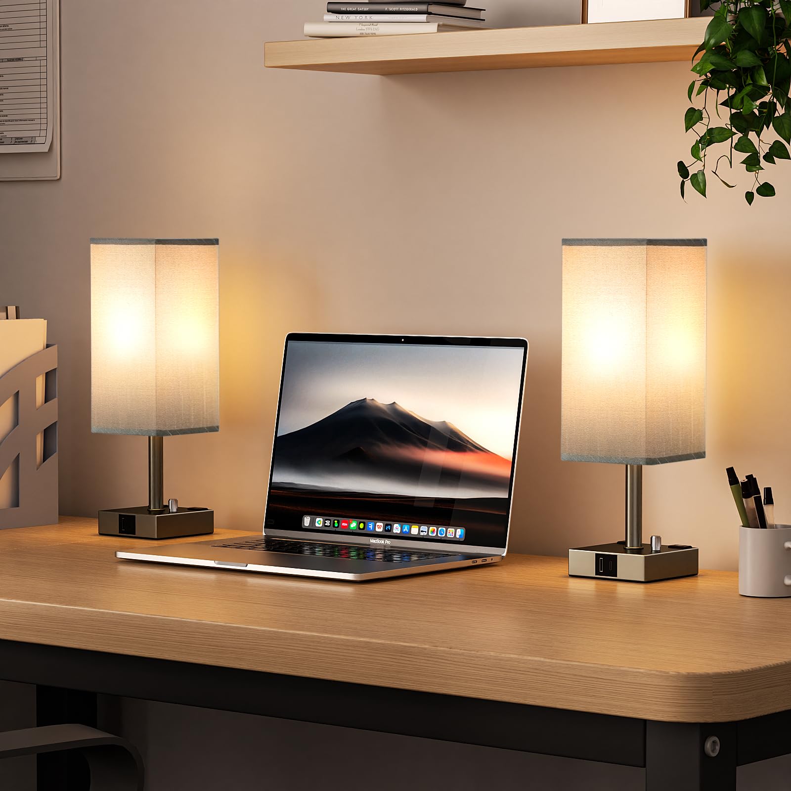 Grey Fully Dimmable Nightstand Lamps Set Of 2 - Table Bedside Lamp With Usb C+A Charging Ports & 2 Ac Outlets, Square Lamp Sets