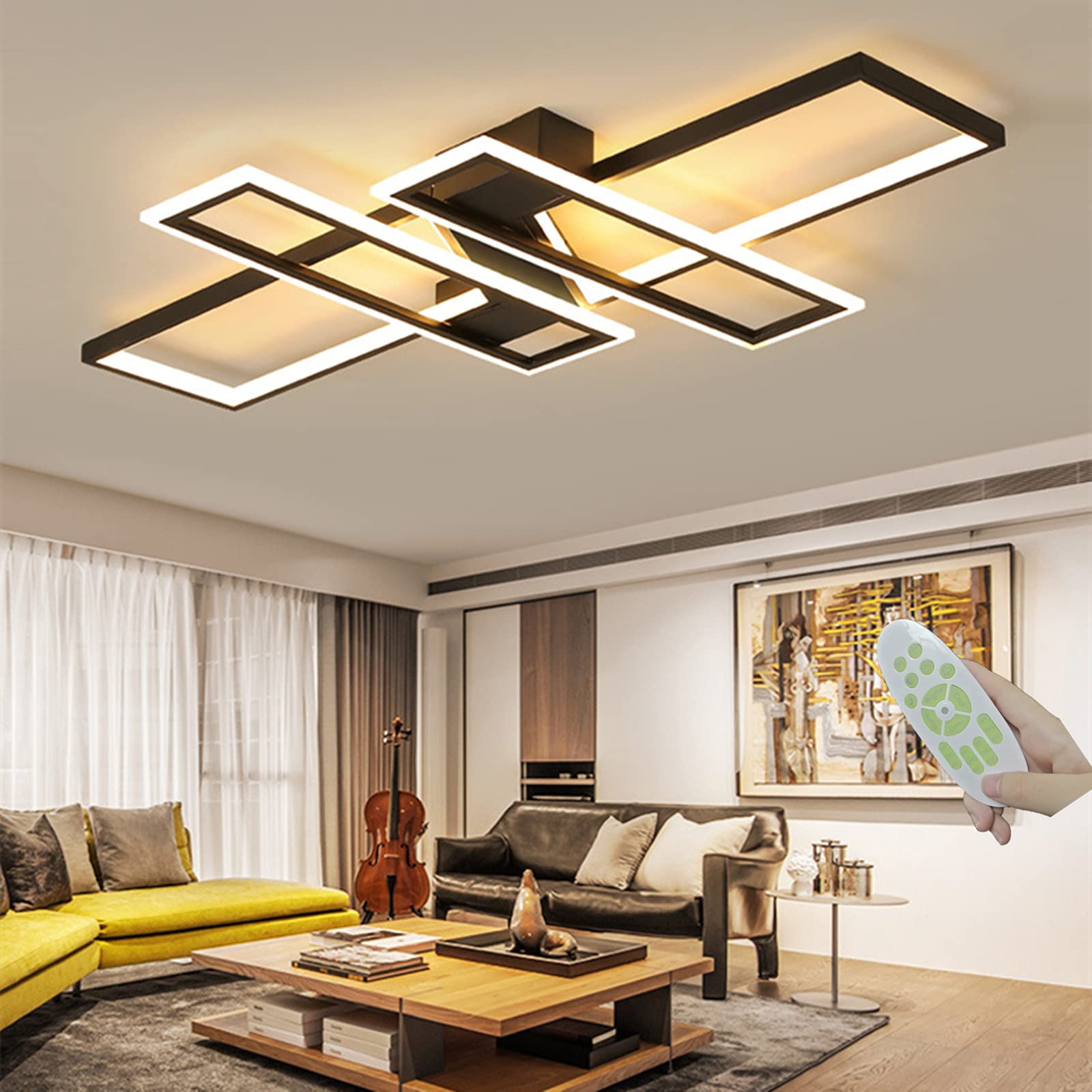Fbfc 47.2In Modern Led Ceiling Lights Fixture  116W Black Dimmable Chandelier  Rectangular  With Remote Control Diningroom Lamp  Flushmount Geometric Led Ceiling Lamps For Bedroom Living Room