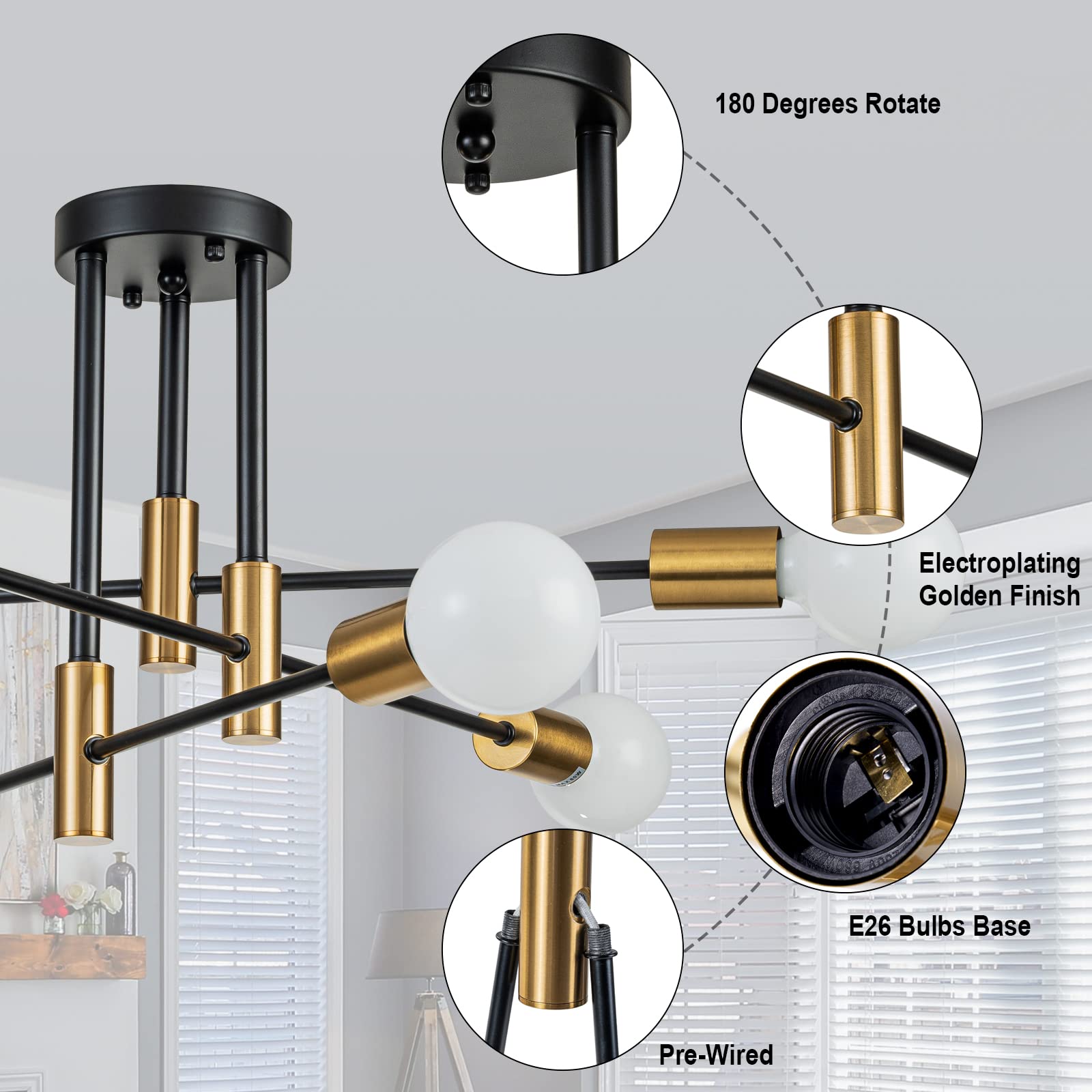 Brknit 6-Light Modern Sputnik Chandelier, Black Gold Semi Flush Mount Ceiling Light Fixture