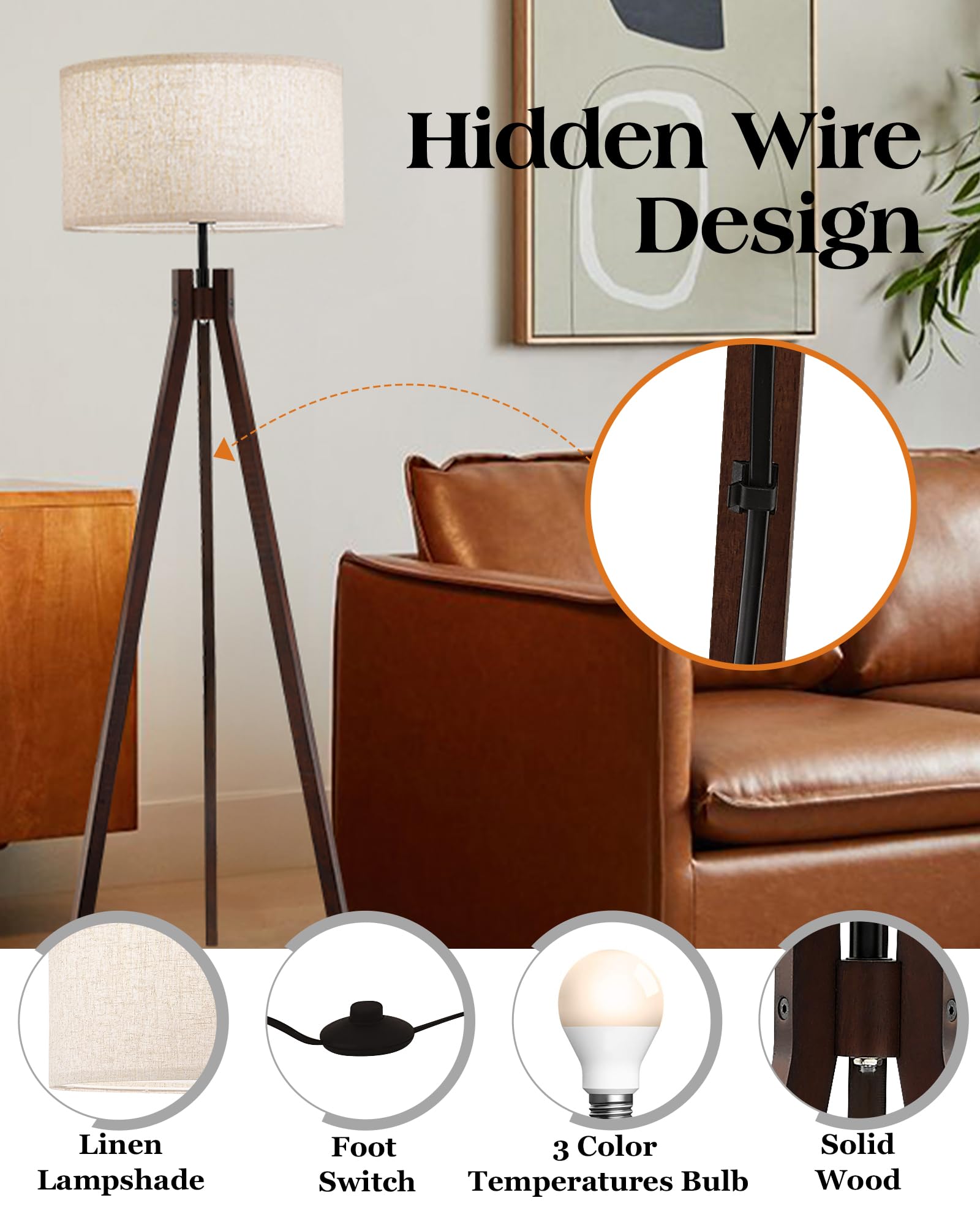 Elyona Wood Tripod Floor Lamp, 3 Color Temperatures, Modern Linen Shade, Walnut, Led Included