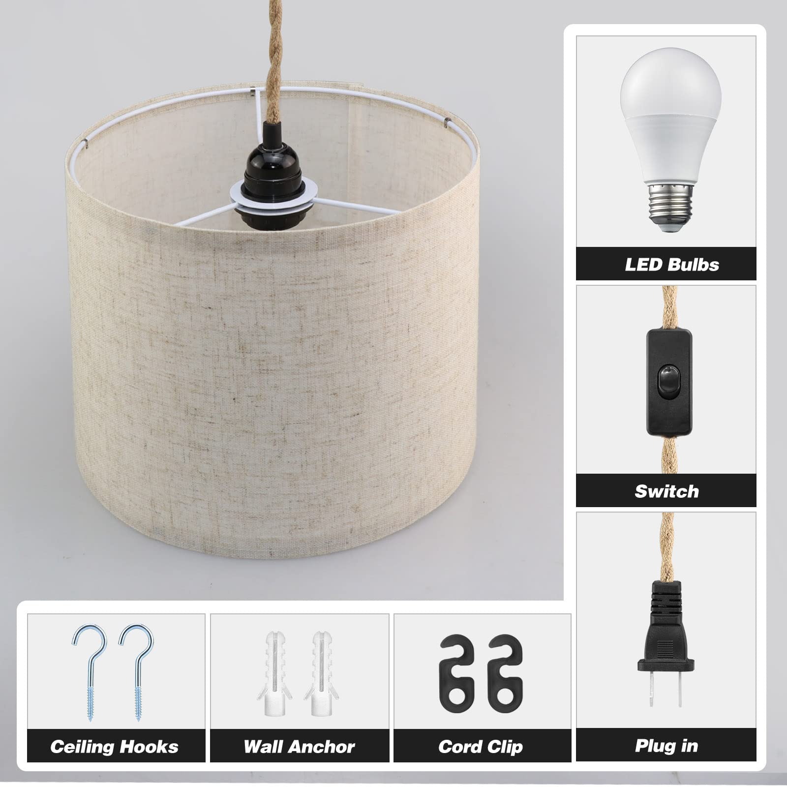 Kuaugst Plug In Pendant Light, Beige Linen Shade, 15Ft Hemp Rope, 2 Pack For Bedroom & Dining
