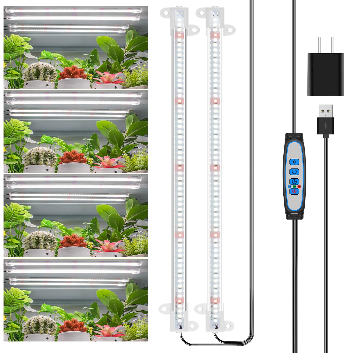 Wiaxulay Grow Light Strips, 120 LEDs Full Spectrum, Auto ON/OFF Timer, 10 Brightness Levels, 3 Switch Modes, 1 Pack, White, Model BL-D
